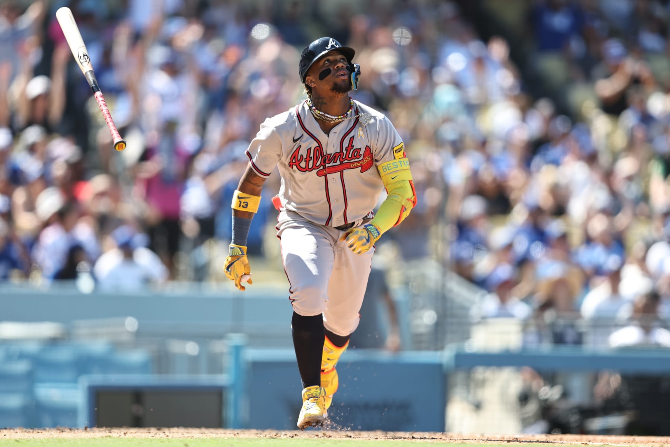 LOS ANGELES, CA - SEPTEMBER 03: Ronald Acuña Jr. #13 of the Atlanta Braves bats during the game between the Atlanta Braves and the Los Angeles Dodgers at Dodger Stadium on Sunday, September 3, 2023 in Los Angeles, California. (Photo by Michael Owens/MLB Photos via Getty Images)