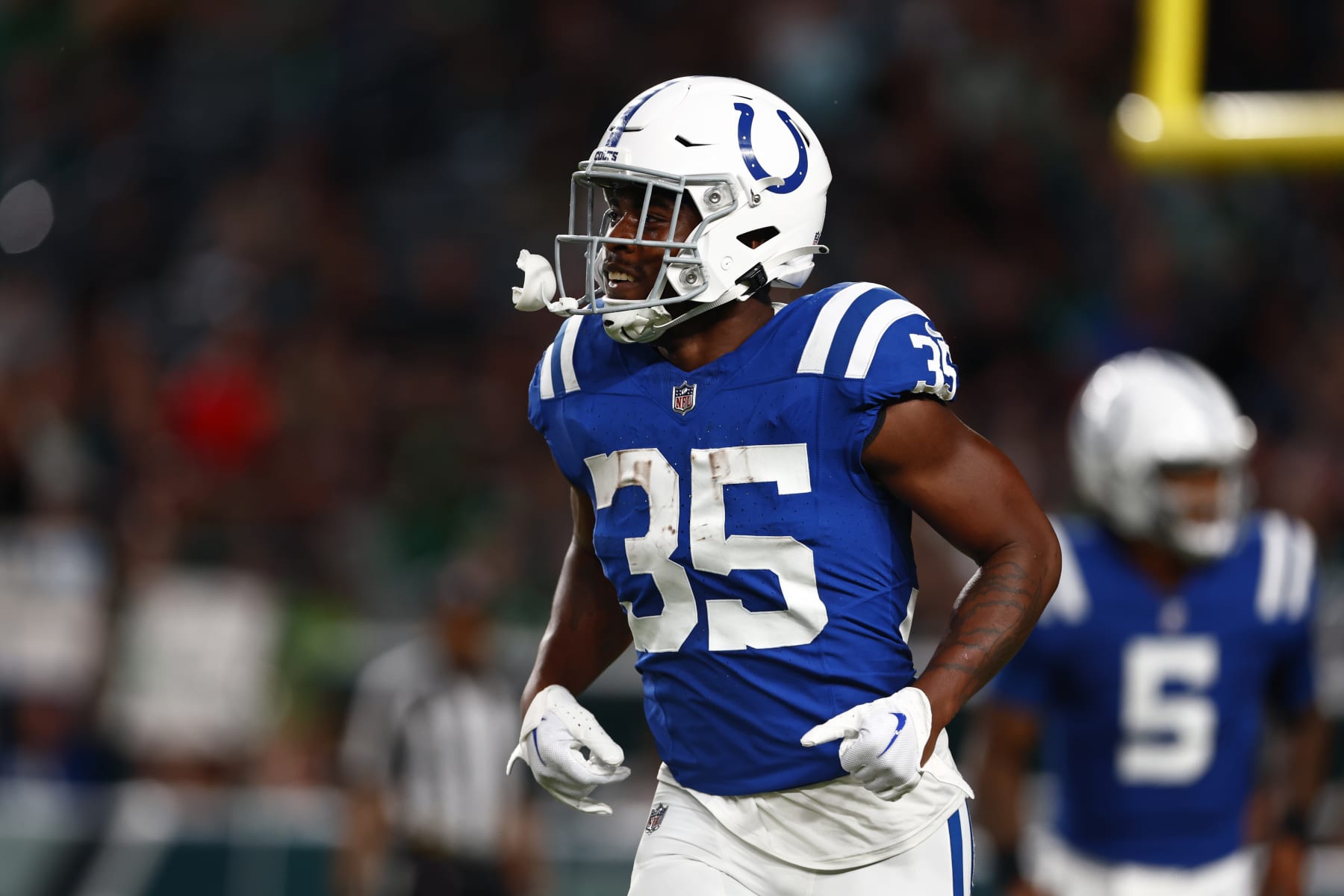 Indianapolis Colts running back Deon Jackson (35) celebrates his touchdown run against the Philadelphia Eagles during the first quarter of an NFL pre-season football game, Thursday, Aug. 24, 2023, in Philadelphia. (AP Photo/Rich Schultz)