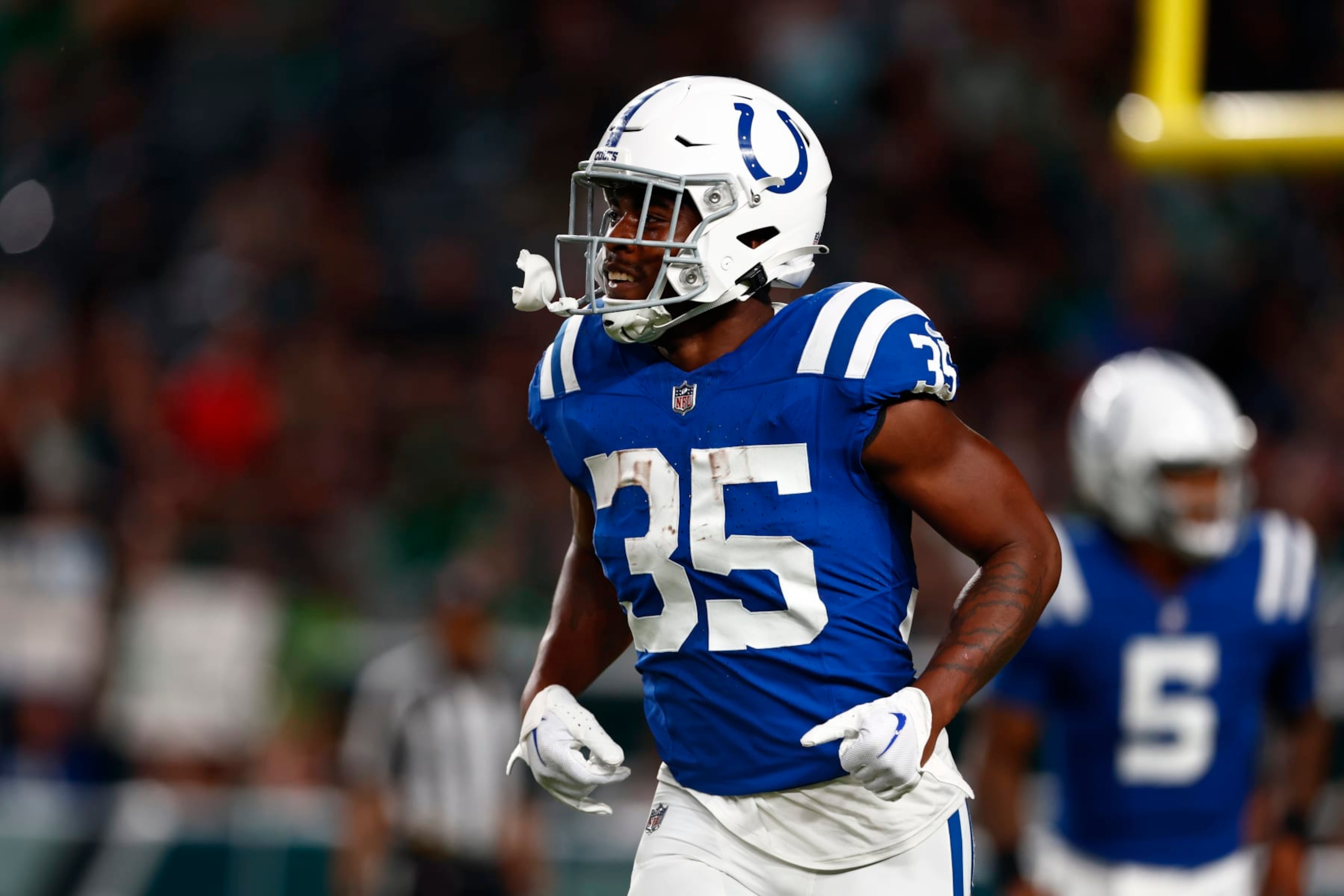 Indianapolis Colts running back Deon Jackson (35) celebrates his touchdown run against the Philadelphia Eagles during the first quarter of an NFL pre-season football game, Thursday, Aug. 24, 2023, in Philadelphia. (AP Photo/Rich Schultz)