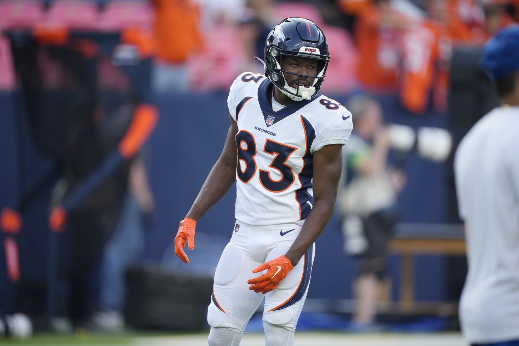 Denver Broncos wide receiver Marvin Mims Jr. (83) warms up before an NFL preseason football game Saturday, Aug. 26, 2023, in Denver. (AP Photo/David Zalubowski)