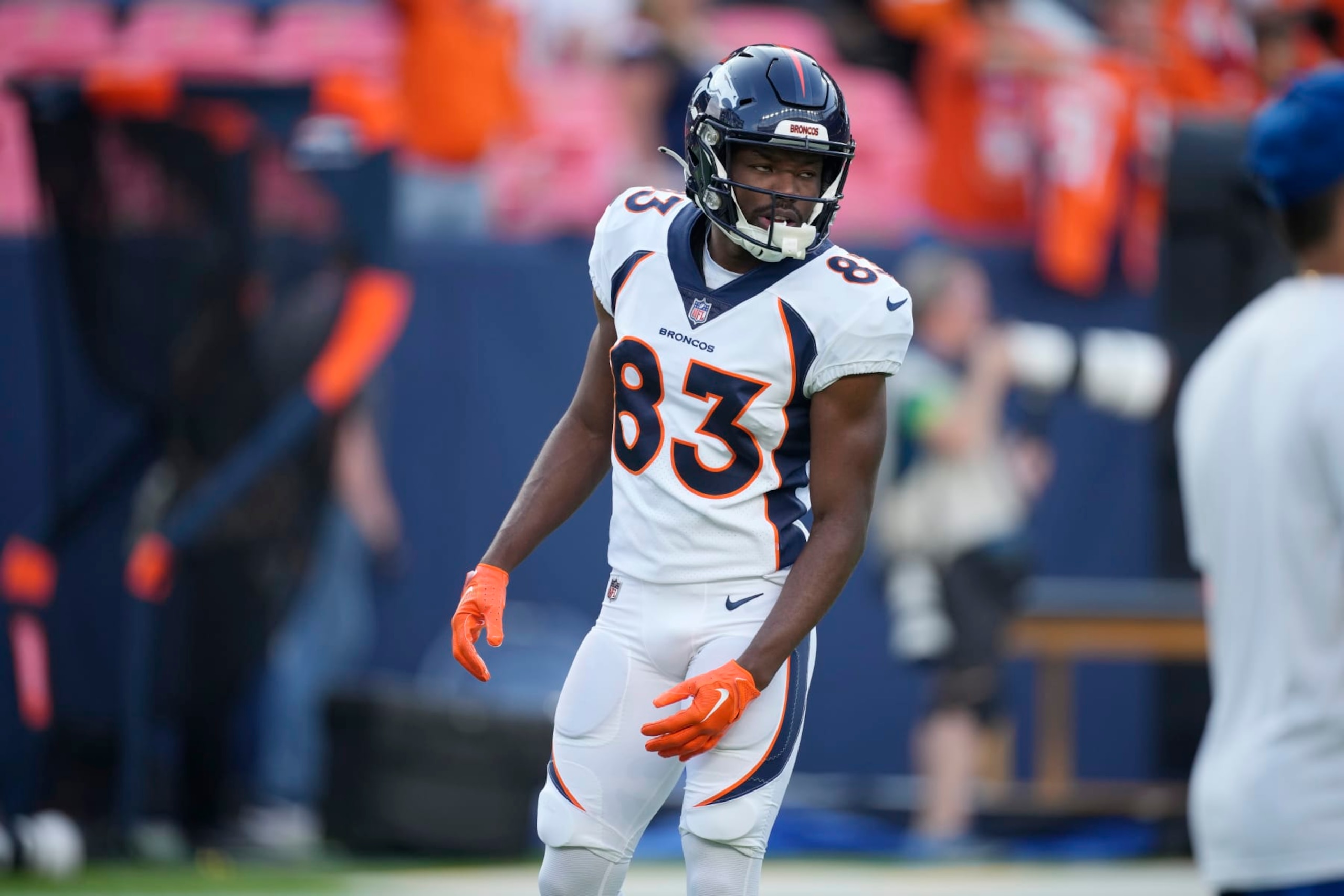 Denver Broncos wide receiver Marvin Mims Jr. (83) warms up before an NFL preseason football game Saturday, Aug. 26, 2023, in Denver. (AP Photo/David Zalubowski)