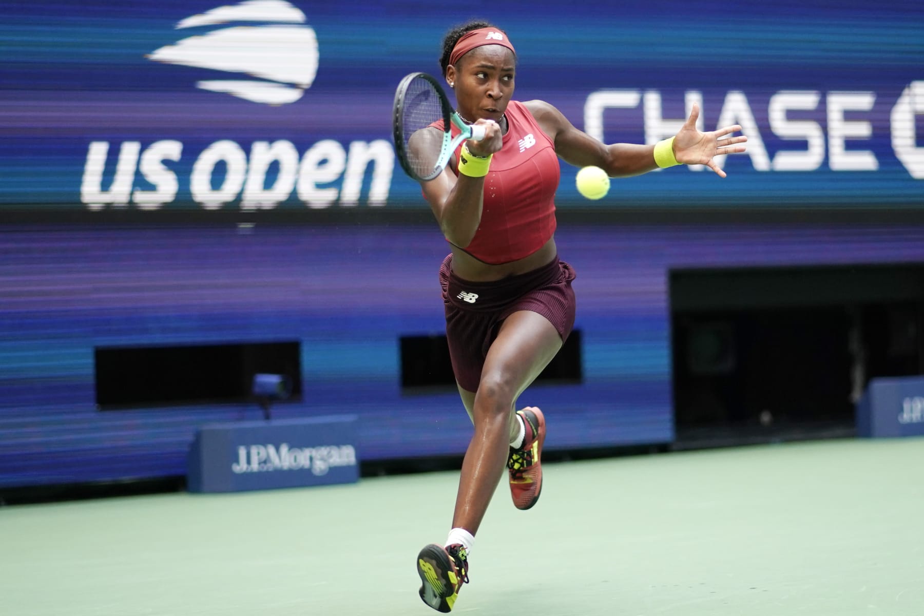 Coco Gauff, of the United States, returns to Caroline Wozniacki, of Denmark, during the fourth round of the U.S. Open tennis championships, Sunday, Sept. 3, 2023, in New York. (AP Photo/Eduardo Munoz Alvarez)