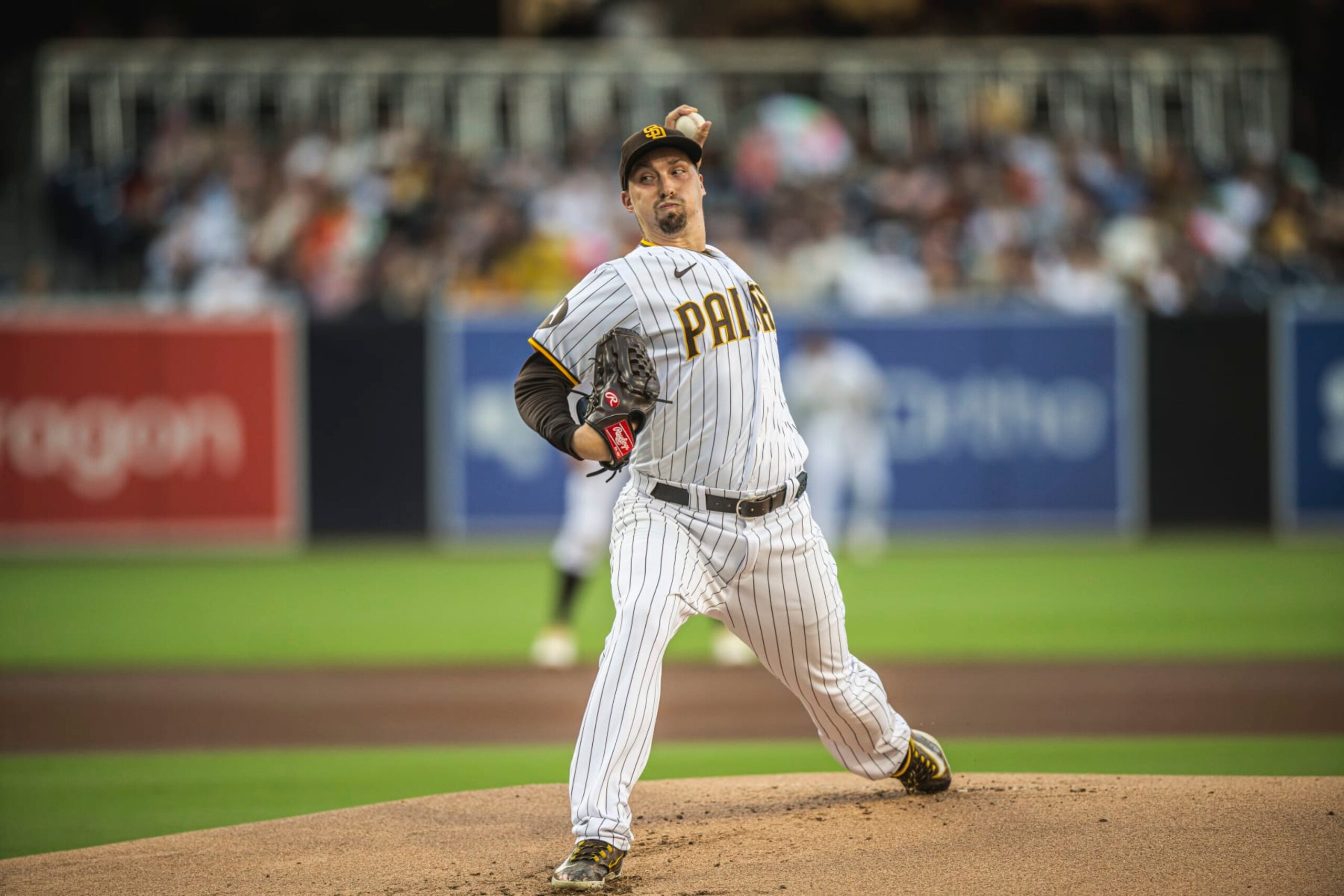 SAN DIEGO, CA - SEPTEMBER 2: Blake Snell #4 of the San Diego Padres pitches in there first inning against the San Francisco Giants on September 2, 2023 at Petco Park in San Diego, California. (Photo by Matt Thomas/San Diego Padres/Getty Images)