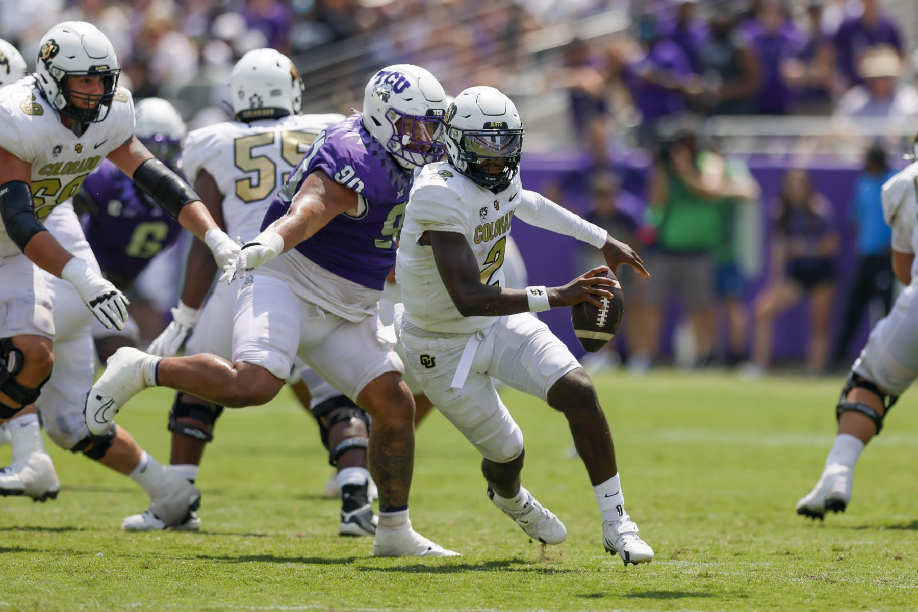 FORT WORTH, TX - SEPTEMBER 02: Colorado Buffaloes quarterback Shedeur Sanders (2) evades TCU Horned Frogs defensive lineman Caleb Fox (90) during the game between the TCU Horned Frogs and the Colorado Buffaloes on September 2, 2023 at Amon G. Carter Stadium in Fort Worth, Texas. (Photo by Matthew Pearce/Icon Sportswire via Getty Images)