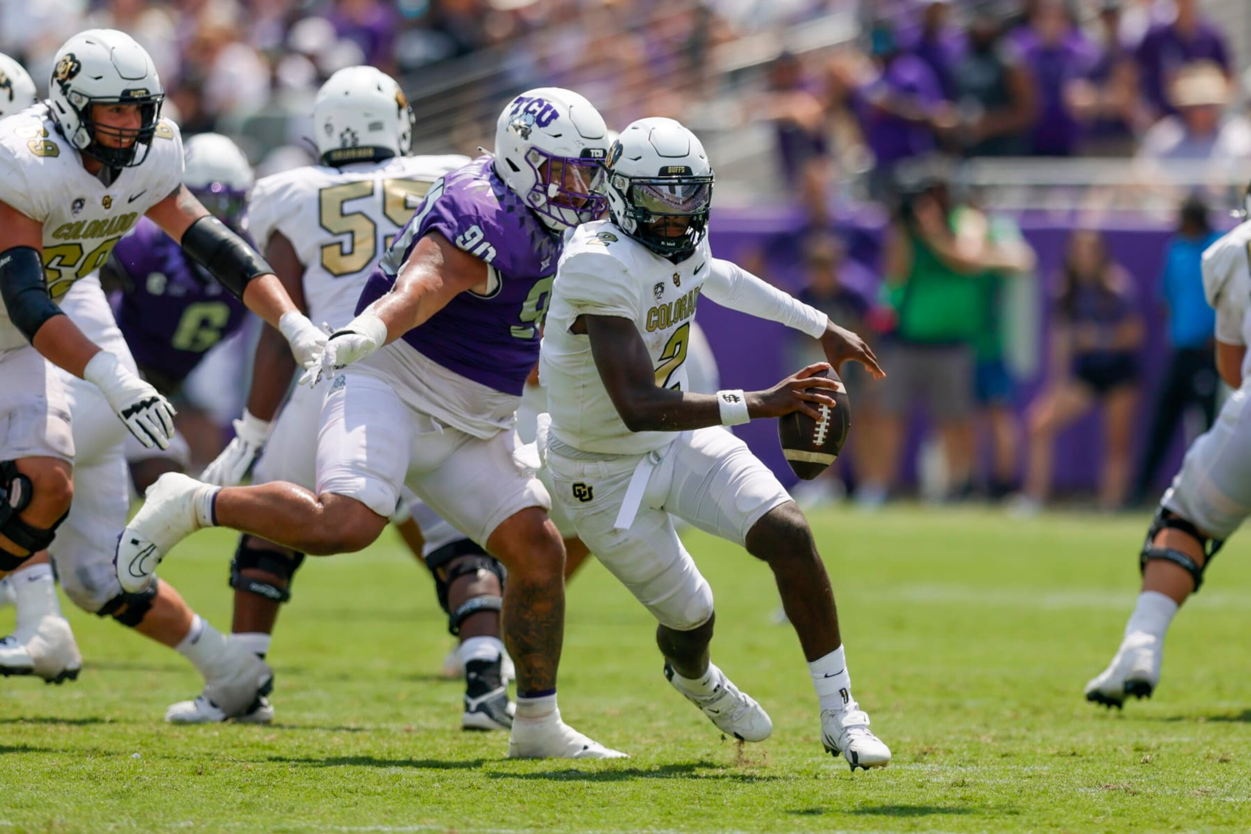 FORT WORTH, TX - SEPTEMBER 02: Colorado Buffaloes quarterback Shedeur Sanders (2) evades TCU Horned Frogs defensive lineman Caleb Fox (90) during the game between the TCU Horned Frogs and the Colorado Buffaloes on September 2, 2023 at Amon G. Carter Stadium in Fort Worth, Texas. (Photo by Matthew Pearce/Icon Sportswire via Getty Images)