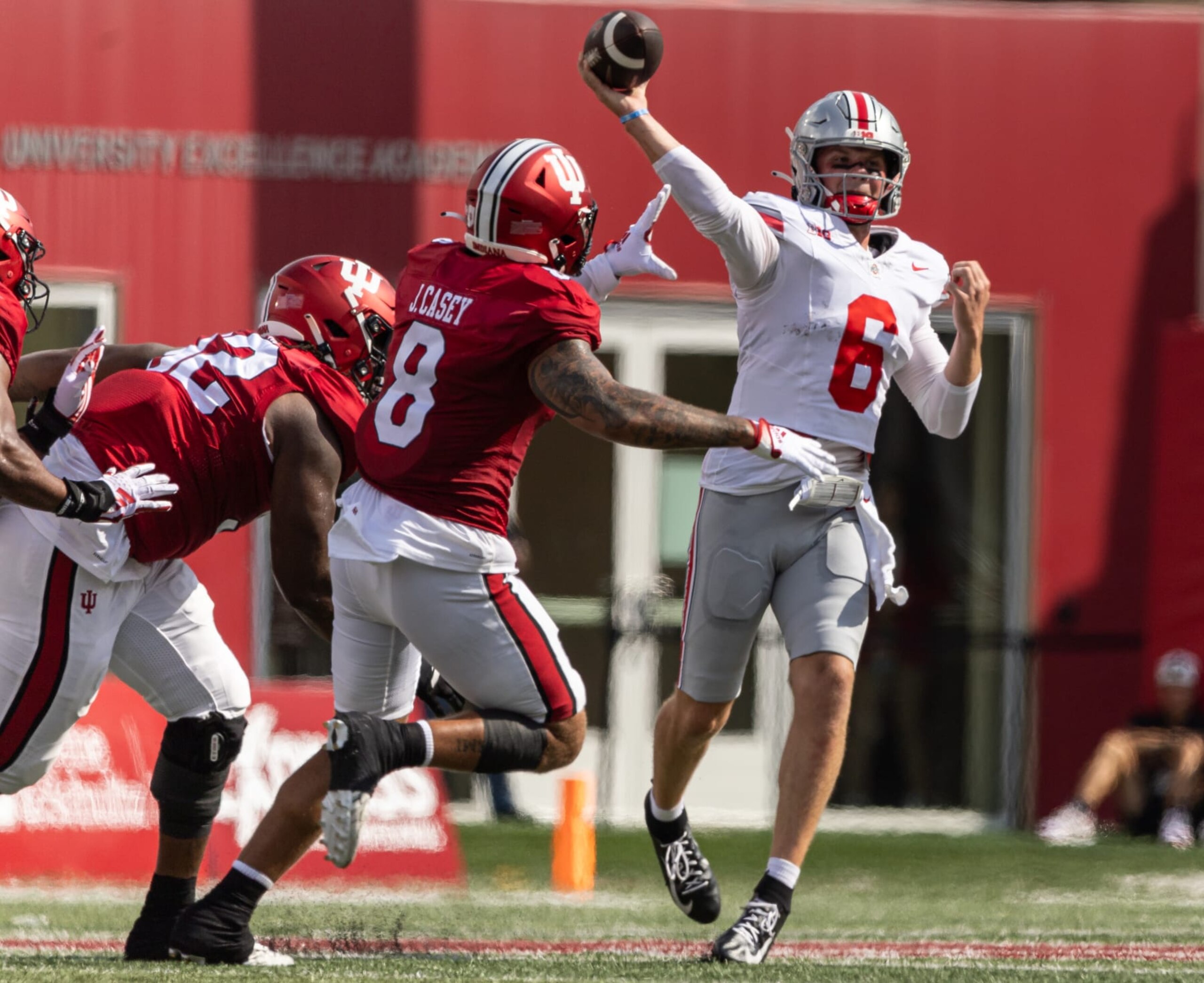 BLOOMINGTON, INDIANA - SEPTEMBER 2: Kyle McCord #6 of the Ohio State Buckeyes passes during the game against the Indiana Hoosiers at Memorial Stadium on September 2, 2023 in Bloomington, Indiana. (Photo by Michael Hickey/Getty Images)