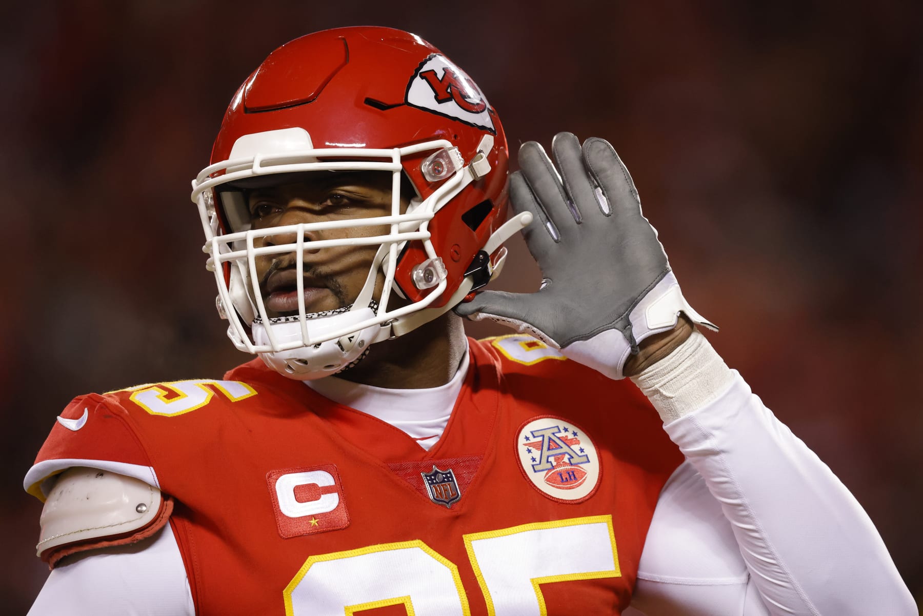 KANSAS CITY, MISSOURI - JANUARY 29: Chris Jones #95 of the Kansas City Chiefs reacts after sacking Joe Burrow #9 of the Cincinnati Bengals during the first quarter in the AFC Championship Game at GEHA Field at Arrowhead Stadium on January 29, 2023 in Kansas City, Missouri. (Photo by David Eulitt/Getty Images)