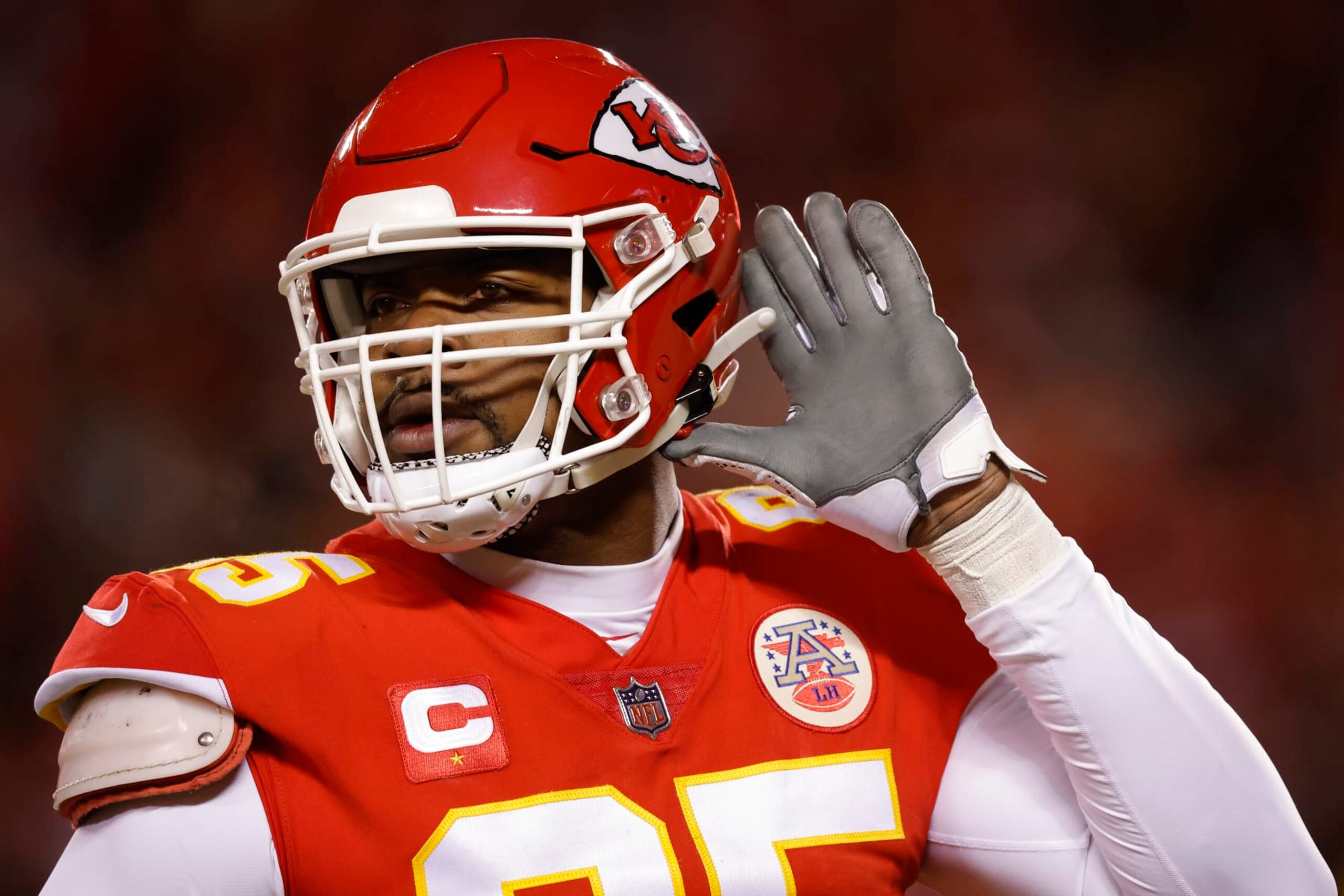 KANSAS CITY, MISSOURI - JANUARY 29: Chris Jones #95 of the Kansas City Chiefs reacts after sacking Joe Burrow #9 of the Cincinnati Bengals during the first quarter in the AFC Championship Game at GEHA Field at Arrowhead Stadium on January 29, 2023 in Kansas City, Missouri. (Photo by David Eulitt/Getty Images)