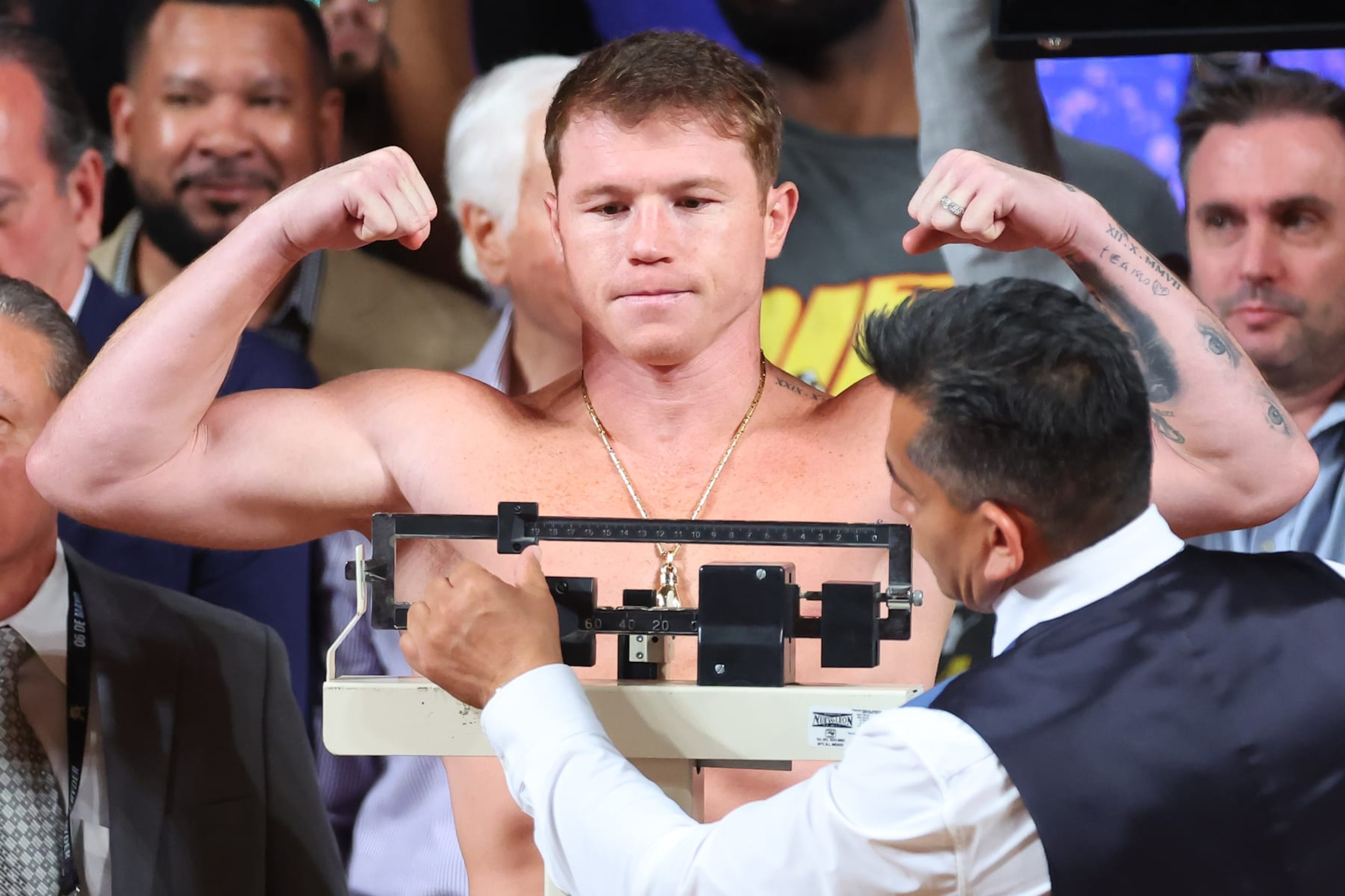 GUADALAJARA, MEXICO - MAY 05: Canelo Alvarez poses during a ceremonial weigh-in on May 05, 2023 in Guadalajara, Mexico. Alvarez will face John Ryder for their undisputed super middleweight championship bout at Akron Stadium on May 06. (Photo by Hector Vivas/Getty Images) GUADALAJARA, MEXICO - MAY 05: Canelo Alvarez poses during a ceremonial weigh-in on May 05, 2023 in Guadalajara, Mexico. Alvarez will face John Ryder for their undisputed super middleweight championship bout at Akron Stadium on May 06. (Photo by Hector Vivas/Getty Images)
