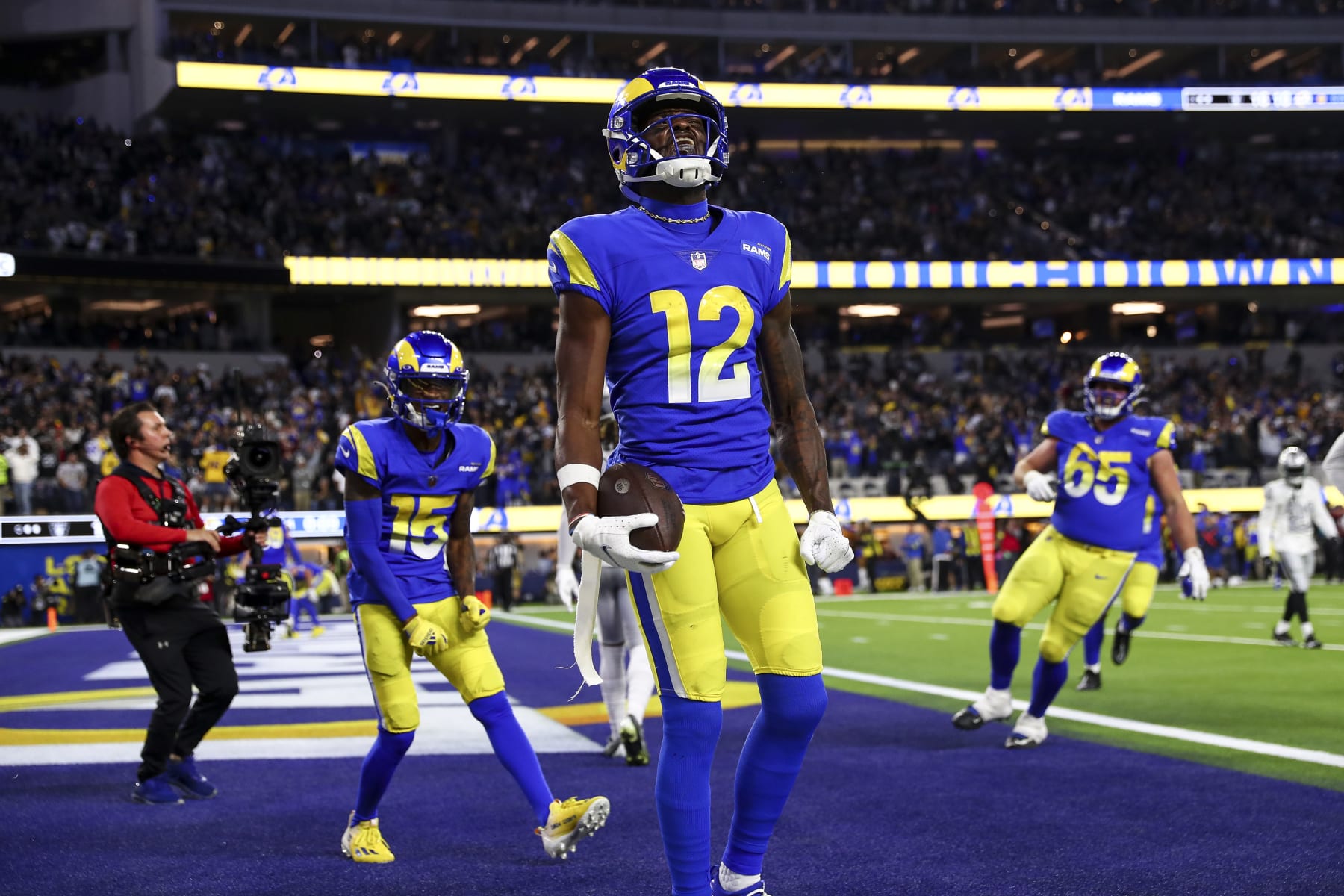 INGLEWOOD, CA - DECEMBER 8: Van Jefferson #12 of the Los Angeles Rams celebrates after scoring a touchdown during the fourth quarter of an NFL football game against the Las Vegas Raiders at SoFi Stadium on December 8, 2022 in Inglewood, California. (Photo by Kevin Sabitus/Getty Images)