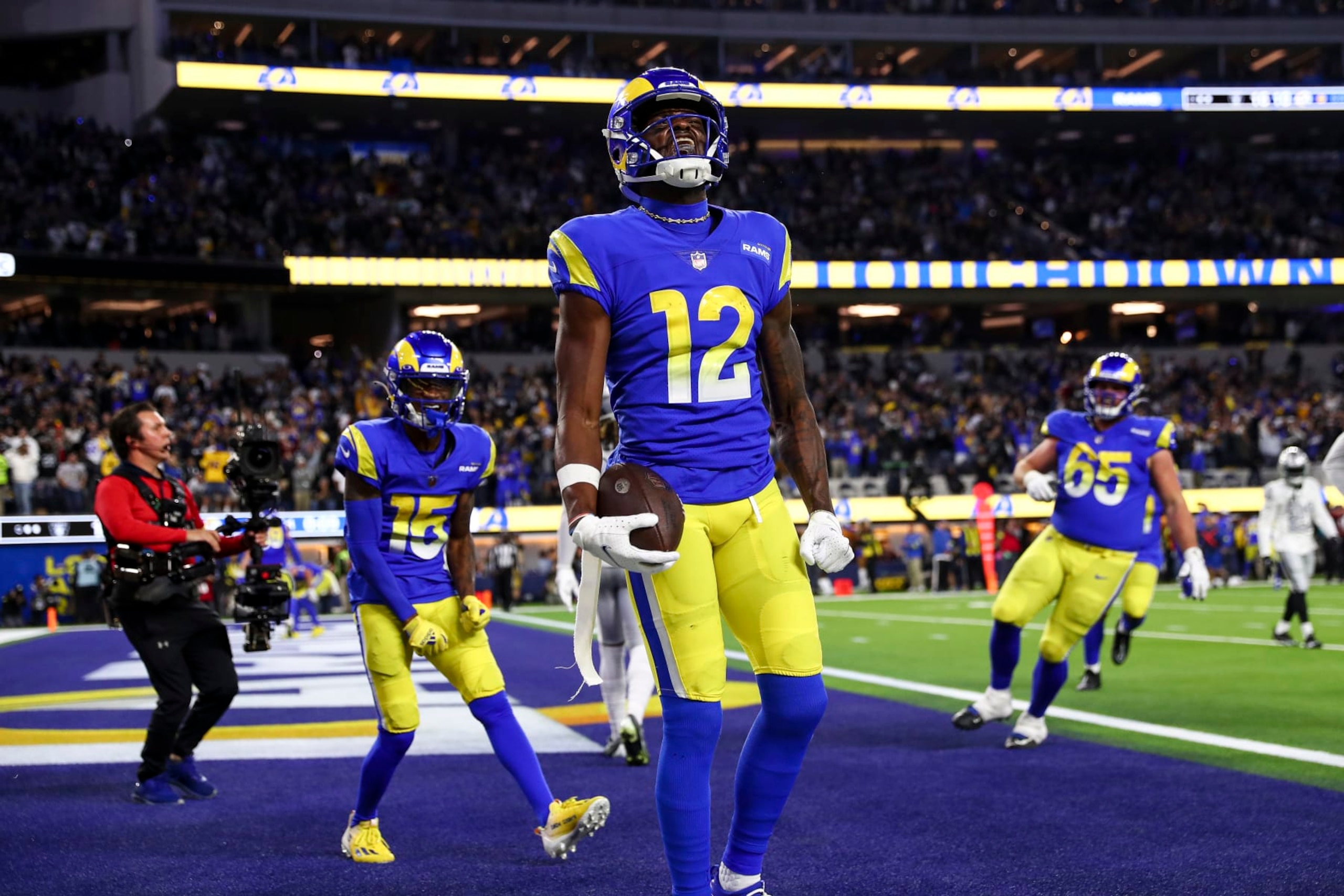 INGLEWOOD, CA - DECEMBER 8: Van Jefferson #12 of the Los Angeles Rams celebrates after scoring a touchdown during the fourth quarter of an NFL football game against the Las Vegas Raiders at SoFi Stadium on December 8, 2022 in Inglewood, California. (Photo by Kevin Sabitus/Getty Images) INGLEWOOD, CA - DECEMBER 8: Van Jefferson #12 of the Los Angeles Rams celebrates after scoring a touchdown during the fourth quarter of an NFL football game against the Las Vegas Raiders at SoFi Stadium on December 8, 2022 in Inglewood, California. (Photo by Kevin Sabitus/Getty Images)