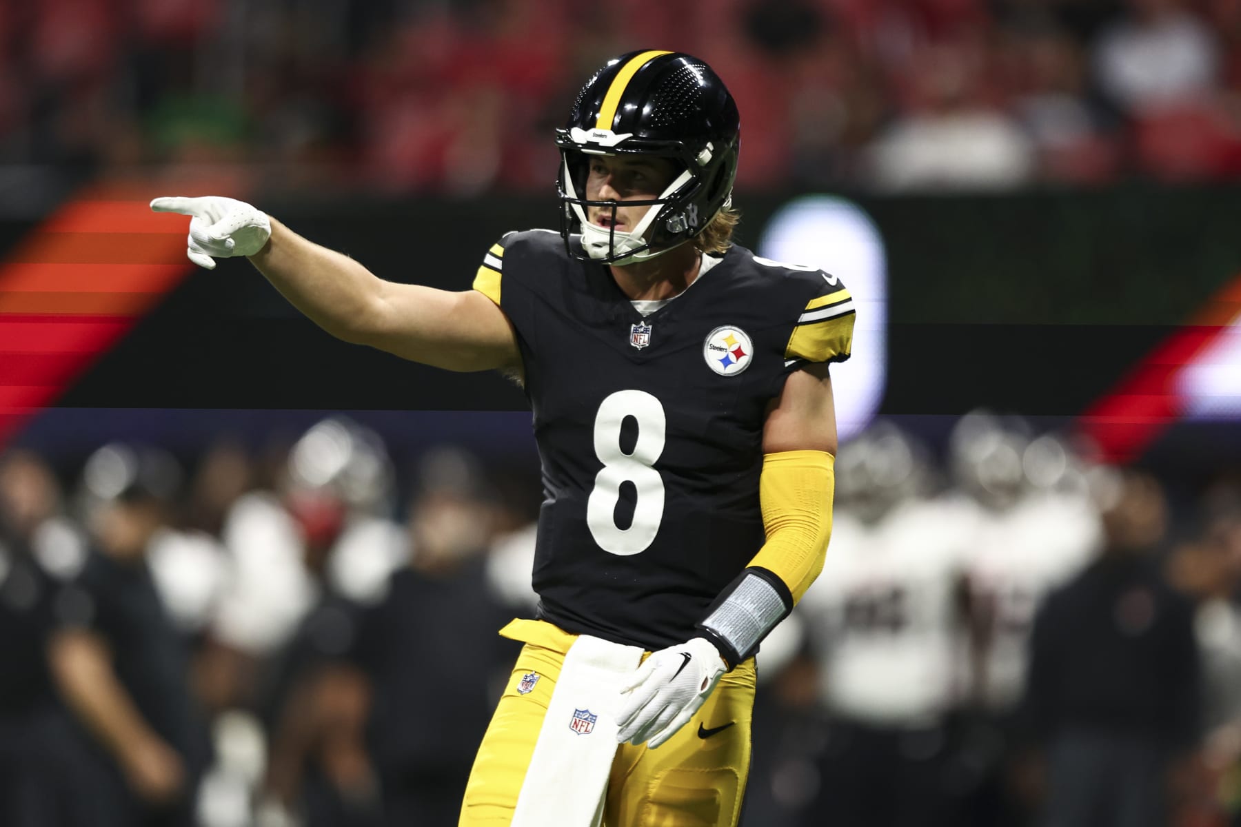 ATLANTA, GA - AUGUST 24: Kenny Pickett #8 of the Pittsburgh Steelers celebrates after a touchdown during the first quarter of an NFL preseason football game against the Atlanta Falcons at Mercedes-Benz Stadium on August 24, 2023 in Atlanta, Georgia. (Photo by Kevin Sabitus/Getty Images)