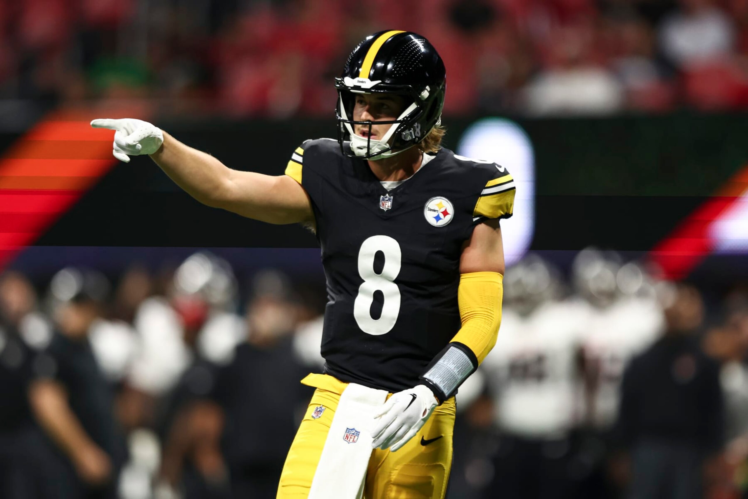 ATLANTA, GA - AUGUST 24: Kenny Pickett #8 of the Pittsburgh Steelers celebrates after a touchdown during the first quarter of an NFL preseason football game against the Atlanta Falcons at Mercedes-Benz Stadium on August 24, 2023 in Atlanta, Georgia. (Photo by Kevin Sabitus/Getty Images)