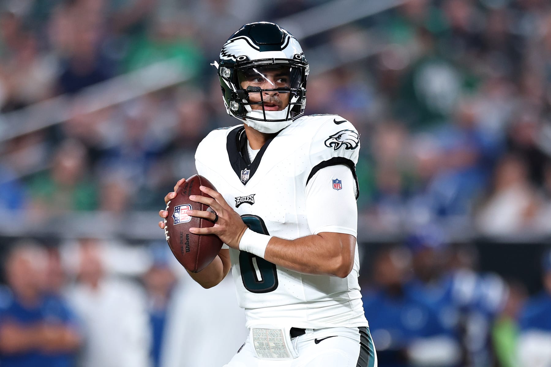 PHILADELPHIA, PENNSYLVANIA - AUGUST 24: Marcus Mariota #8 of the Philadelphia Eagles passes during the first quarter against the Indianapolis Colts at Lincoln Financial Field on August 24, 2023 in Philadelphia, Pennsylvania. (Photo by Tim Nwachukwu/Getty Images)
