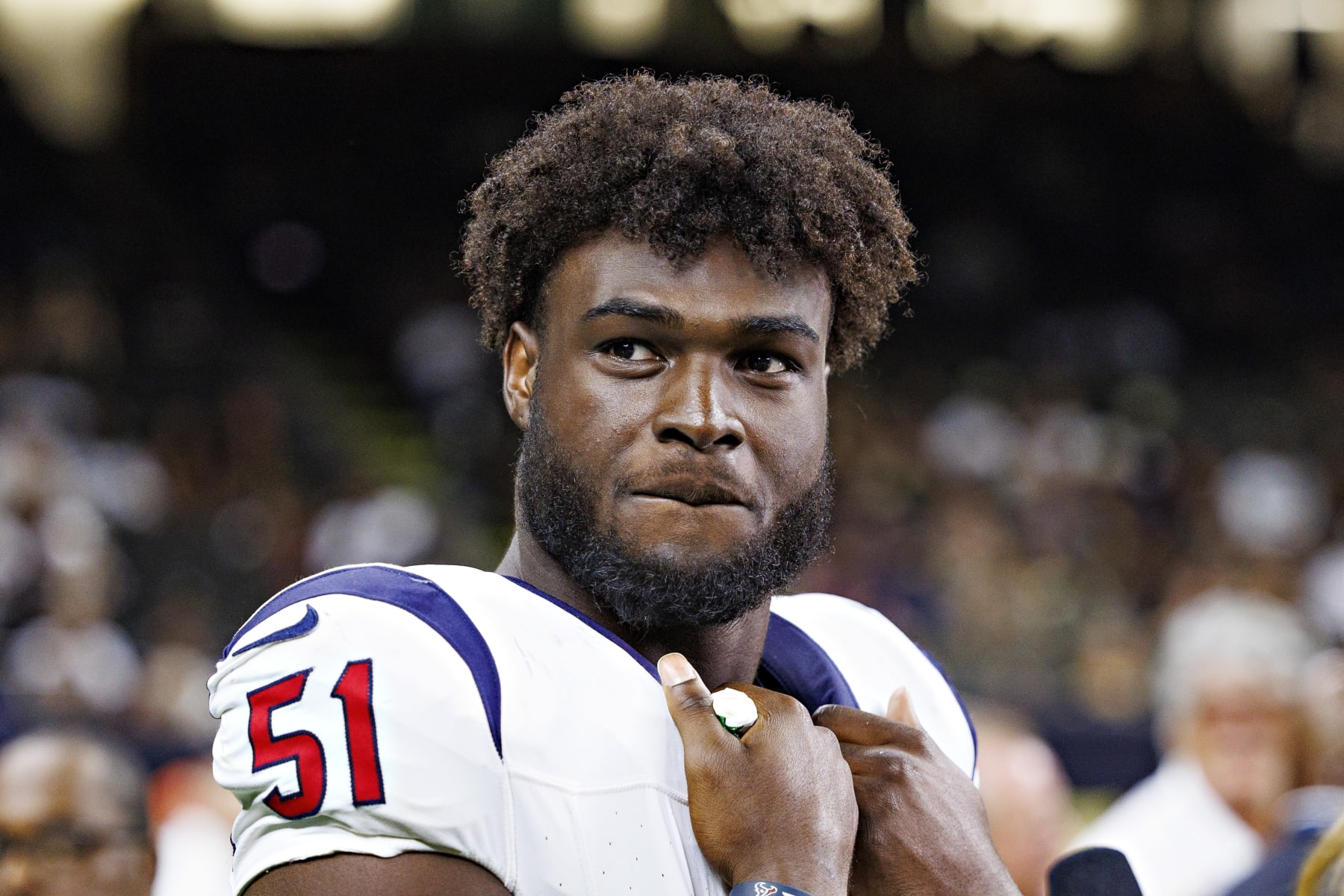 NEW ORLEANS, LOUISIANA - AUGUST 27: Will Anderson #51 of the Houston Texans on the sidelines during the preseason game against the New Orleans Saints at Caesars Superdome on August 27, 2023 in New Orleans, Louisiana. The Texans defeated the Saints 17-13.  (Photo by Wesley Hitt/Getty Images)