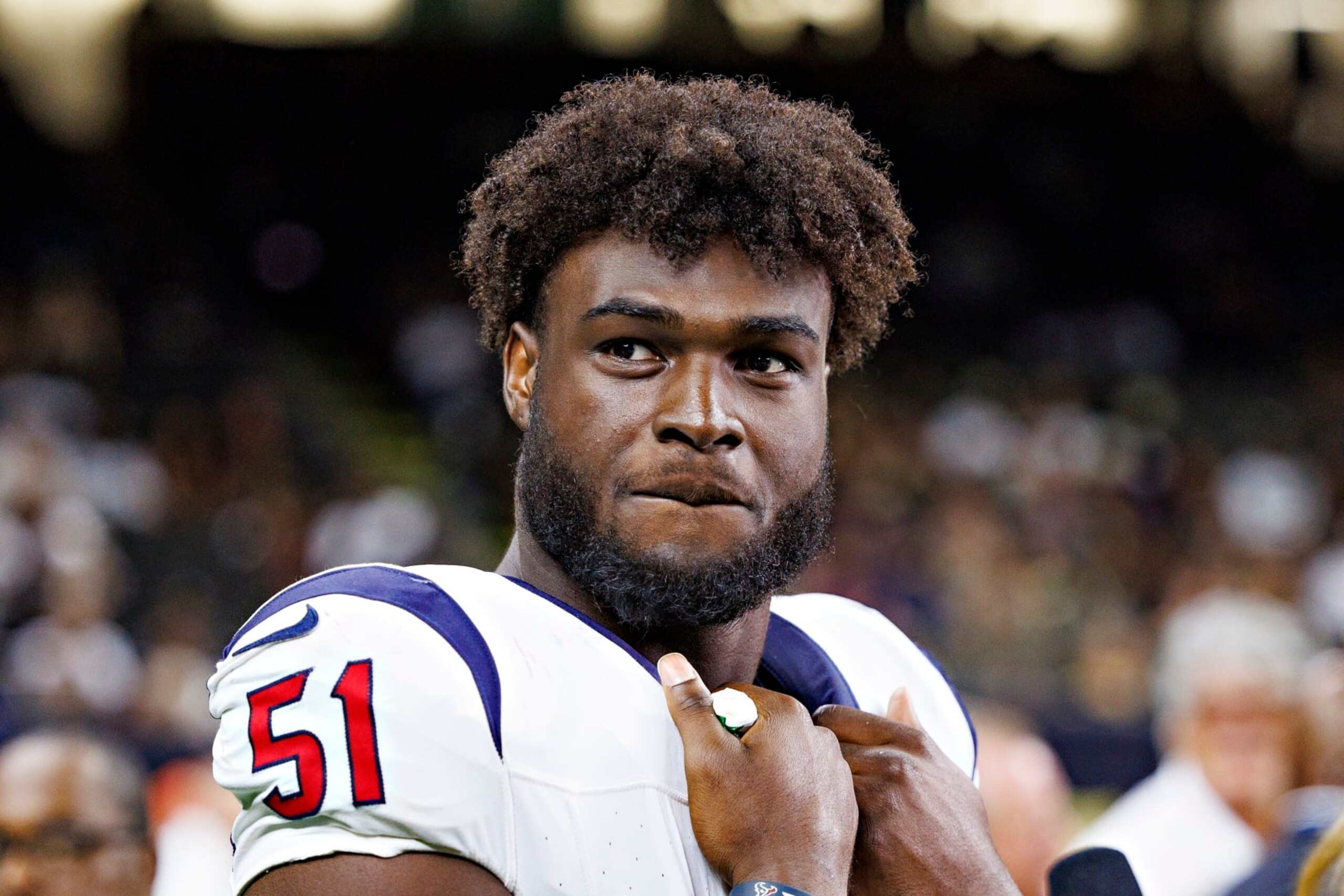 NEW ORLEANS, LOUISIANA - AUGUST 27: Will Anderson #51 of the Houston Texans on the sidelines during the preseason game against the New Orleans Saints at Caesars Superdome on August 27, 2023 in New Orleans, Louisiana. The Texans defeated the Saints 17-13.  (Photo by Wesley Hitt/Getty Images)