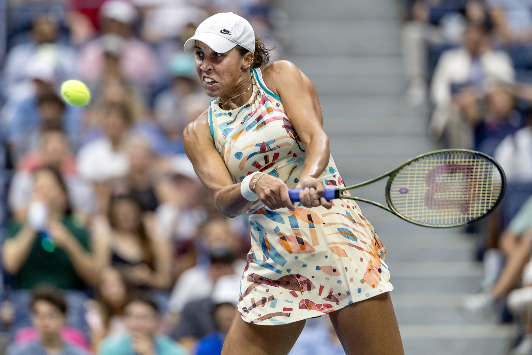 NEW YORK, USA:  September 4:  Madison Keys of the United States in action against Jessica Pegula of the United States in the Women's Singles round four match on Arthur Ashe Stadium during the US Open Tennis Championship 2023 at the USTA National Tennis Centre on September 4th, 2023 in Flushing, Queens, New York City.  (Photo by Tim Clayton/Corbis via Getty Images)