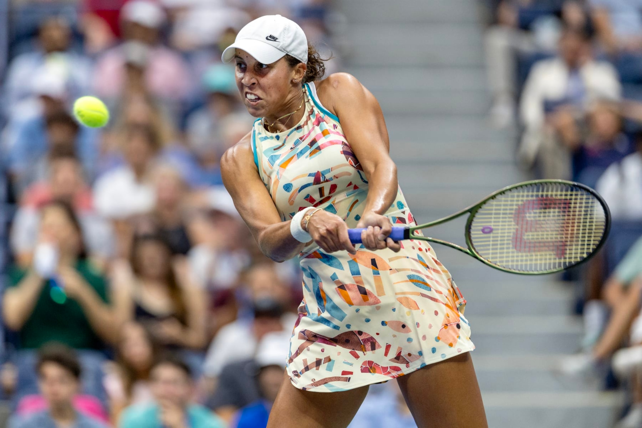 NEW YORK, USA:  September 4:  Madison Keys of the United States in action against Jessica Pegula of the United States in the Women's Singles round four match on Arthur Ashe Stadium during the US Open Tennis Championship 2023 at the USTA National Tennis Centre on September 4th, 2023 in Flushing, Queens, New York City.  (Photo by Tim Clayton/Corbis via Getty Images)