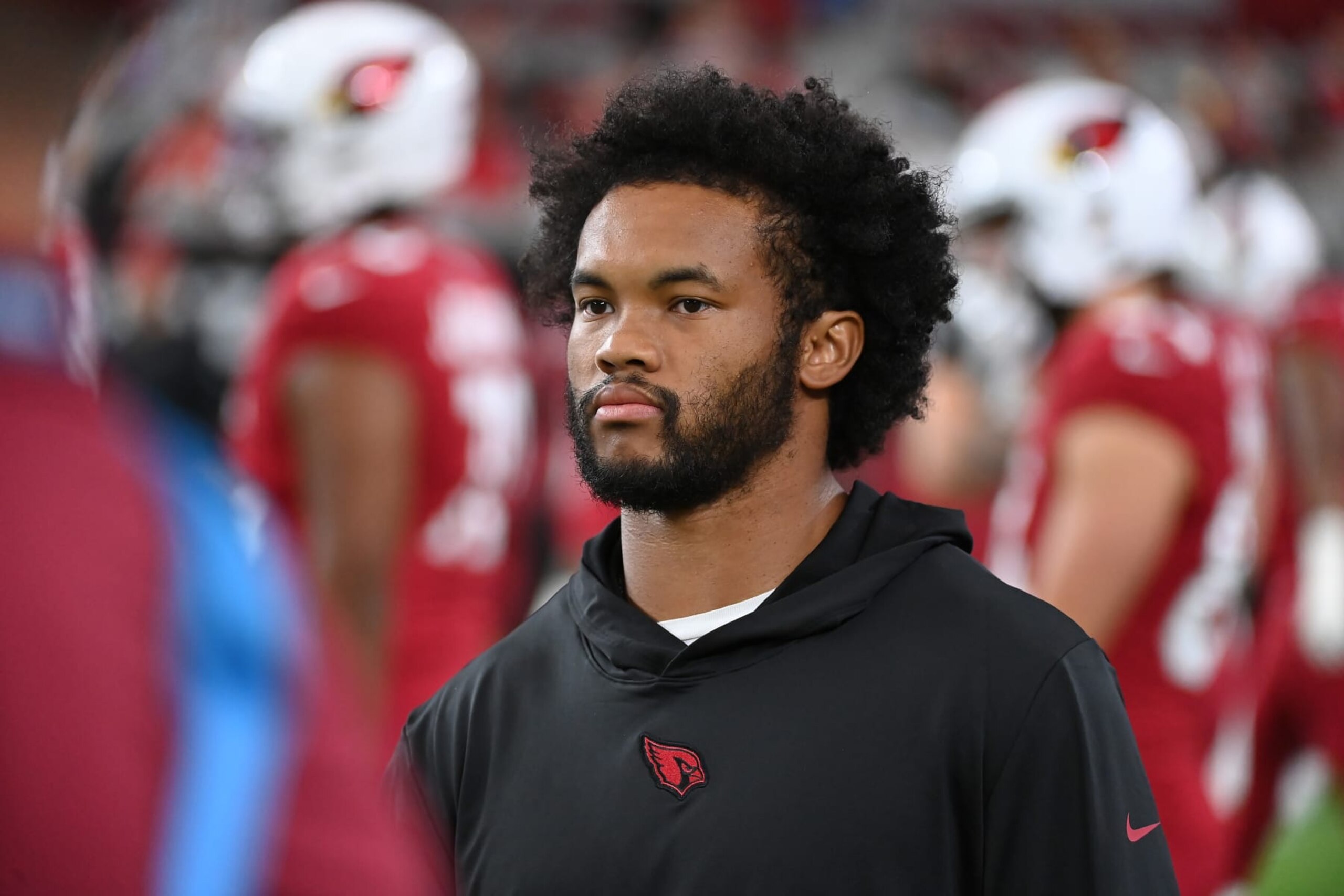 GLENDALE, ARIZONA - AUGUST 19: Kyler Murray #1 of the Arizona Cardinals stands on the field during warmups prior to a preseason game against the Kansas City Chiefs at State Farm Stadium on August 19, 2023 in Glendale, Arizona. (Photo by Norm Hall/Getty Images)
