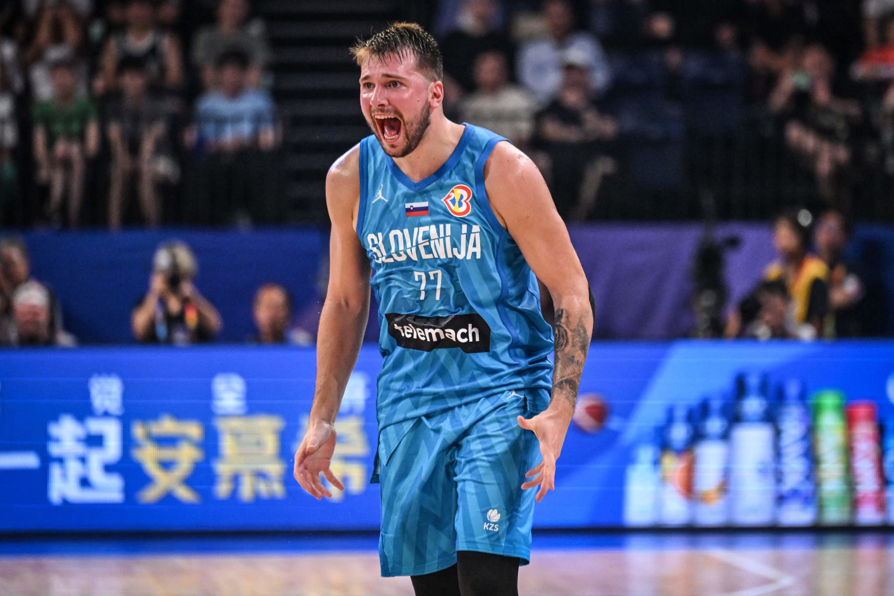 Slovenia's Luka Doncic reacts during the FIBA Basketball World Cup group K match between Germany and Slovenia at Okinawa Arena in Okinawa on September 3, 2023. (Photo by Yuichi YAMAZAKI / AFP) (Photo by YUICHI YAMAZAKI/AFP via Getty Images)