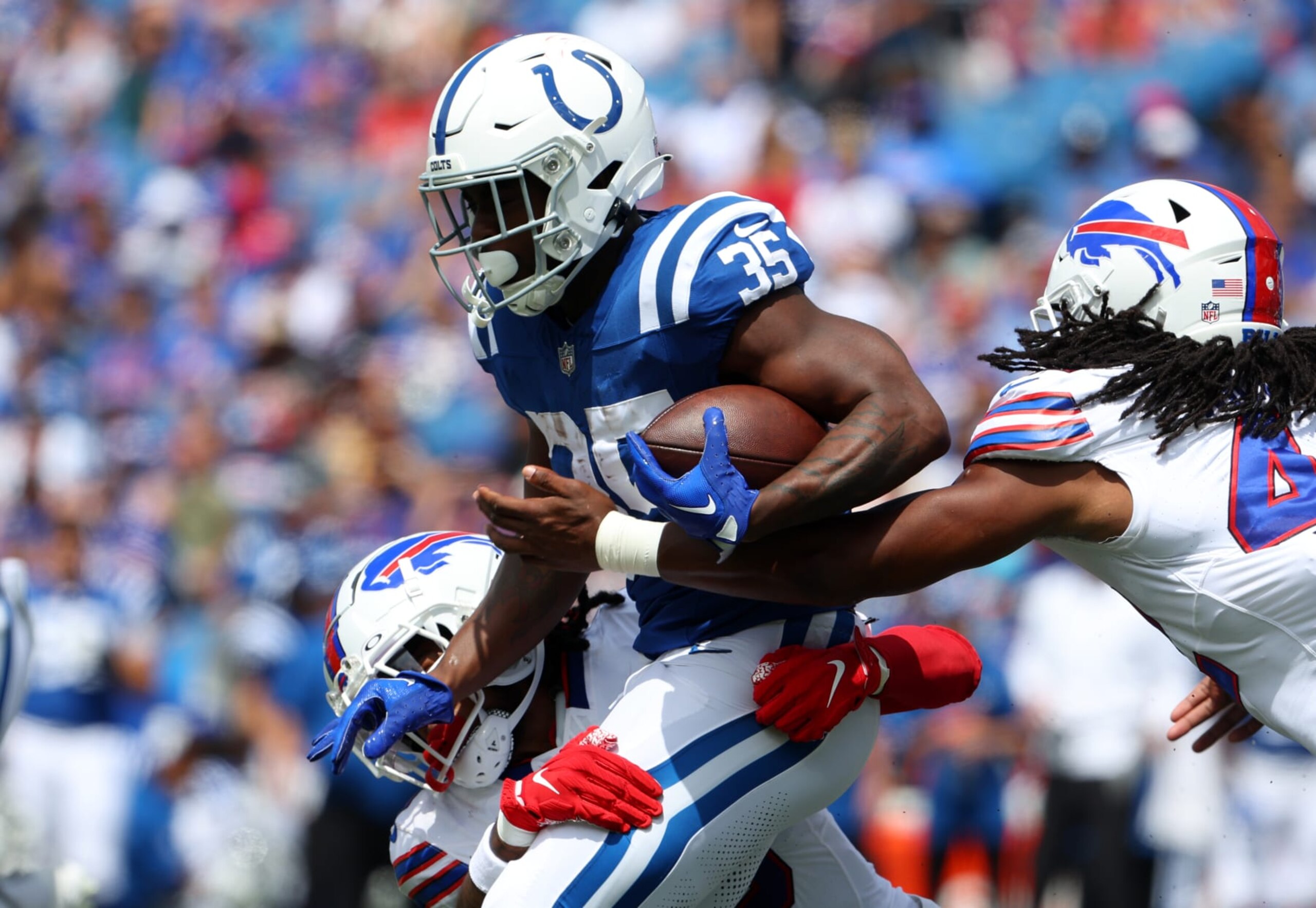 ORCHARD PARK, NEW YORK - AUGUST 12: Deon Jackson #35 of the Indianapolis Colts runs the ball during a preseason game against the Buffalo Bills  at Highmark Stadium on August 12, 2023 in Orchard Park, New York. (Photo by Timothy T Ludwig/Getty Images)