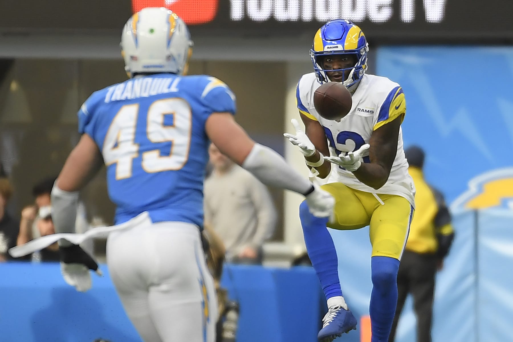 INGLEWOOD, CALIFORNIA - JANUARY 01: Van Jefferson #12 of the Los Angeles Rams makes a catch during the second quarter in the game against the Los Angeles Chargers at SoFi Stadium on January 01, 2023 in Inglewood, California. (Photo by Kevork Djansezian/Getty Images)