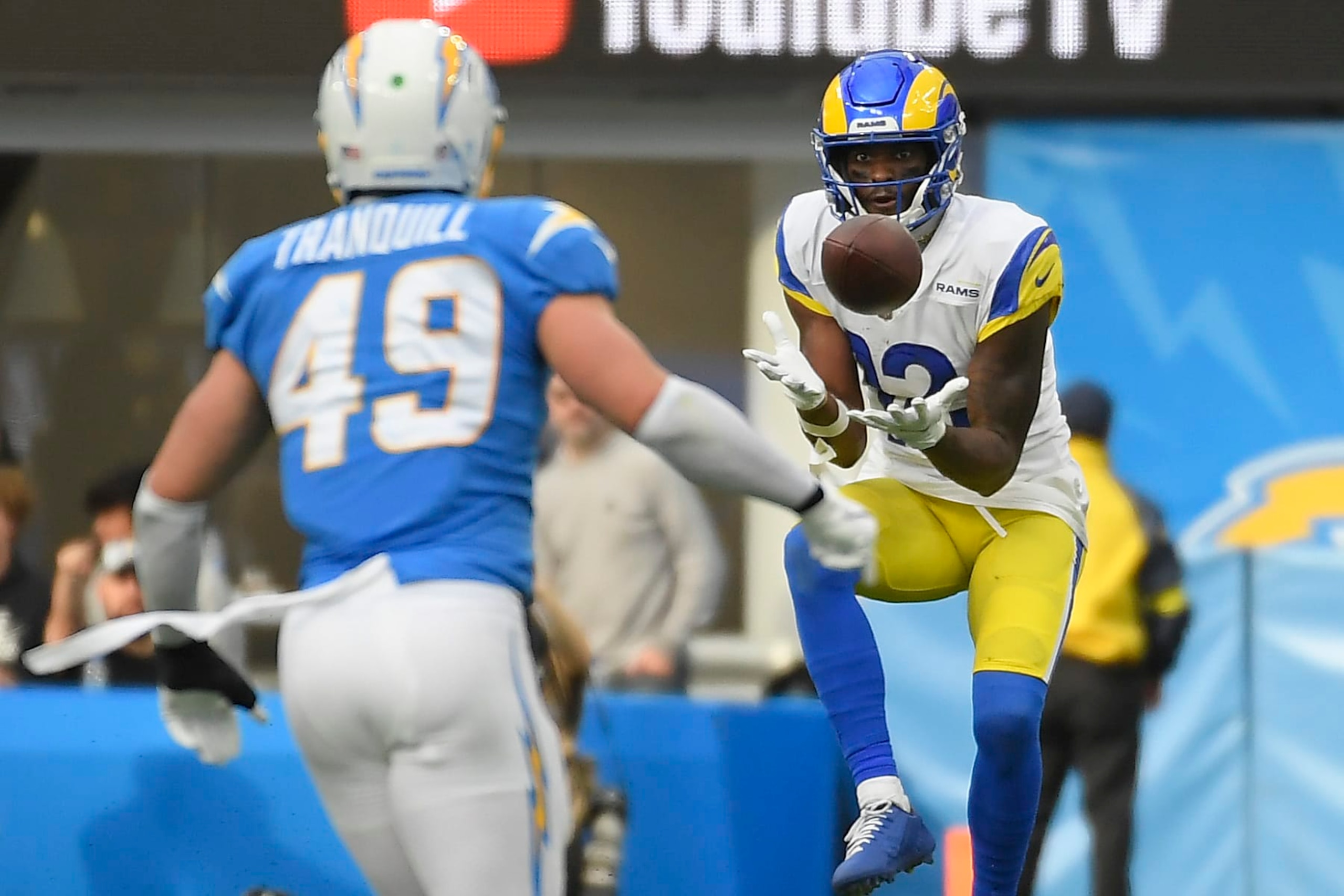 INGLEWOOD, CALIFORNIA - JANUARY 01: Van Jefferson #12 of the Los Angeles Rams makes a catch during the second quarter in the game against the Los Angeles Chargers at SoFi Stadium on January 01, 2023 in Inglewood, California. (Photo by Kevork Djansezian/Getty Images)