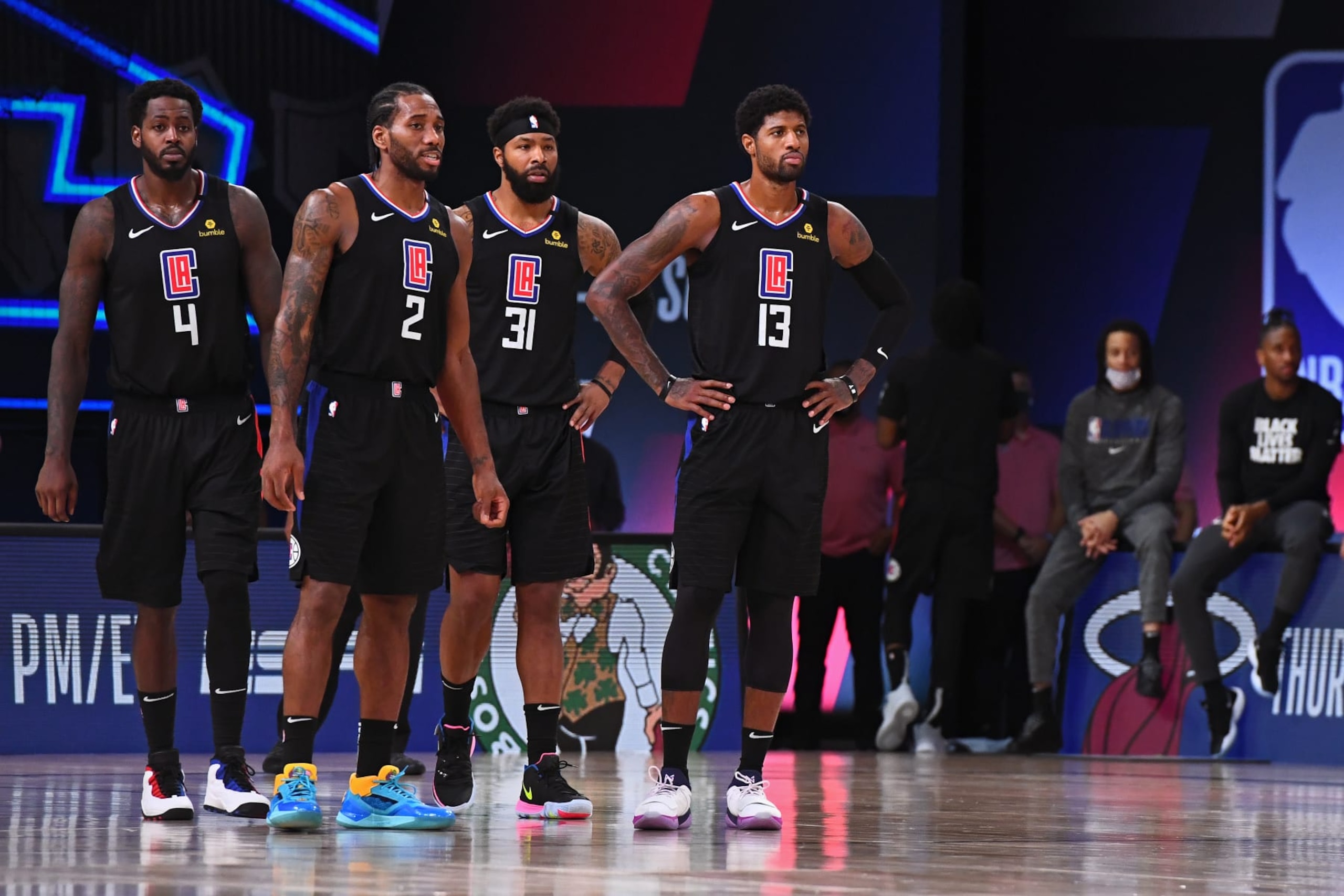 JaMychal Green, Kawhi Leonard, Marcus Morris Sr. and Paul George