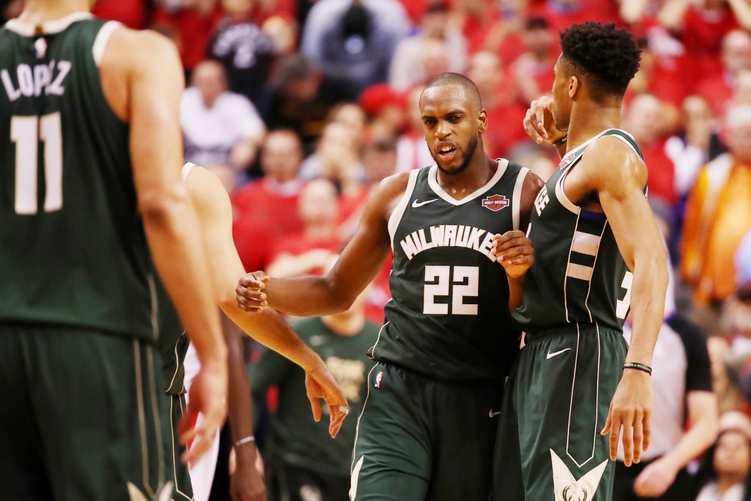 Brook Lopez, Khris Middleton and Giannis Antetokounmpo