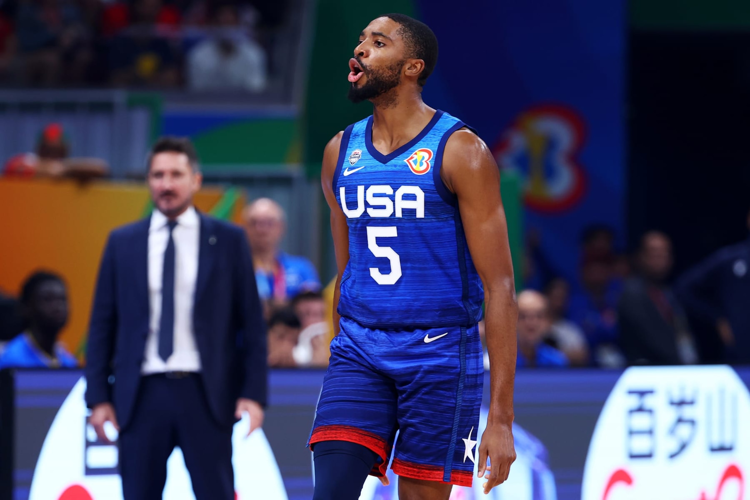 MANILA, PHILIPPINES - SEPTEMBER 05: Mikal Bridges #5 of the United States celebrates after a play in the second quarter during the FIBA Basketball World Cup quarterfinal game against Italy at Mall of Asia Arena on September 05, 2023 in Manila, Philippines. (Photo by Yong Teck Lim/Getty Images)