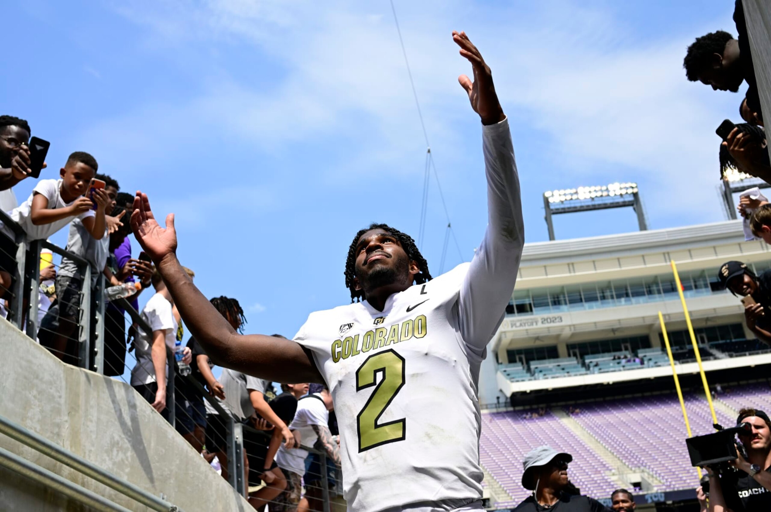 FT. WORTH, TX - SEPTEMBER 02: Colorado Buffaloes quarterback Shedeur Sanders (2) celebrates after defeating the TCU Horned Frogs 45-42 at Amon G. Carter Stadium in Ft. Worth September 02, 2023. (Photo by Andy Cross/MediaNews Group/The Denver Post via Getty Images)