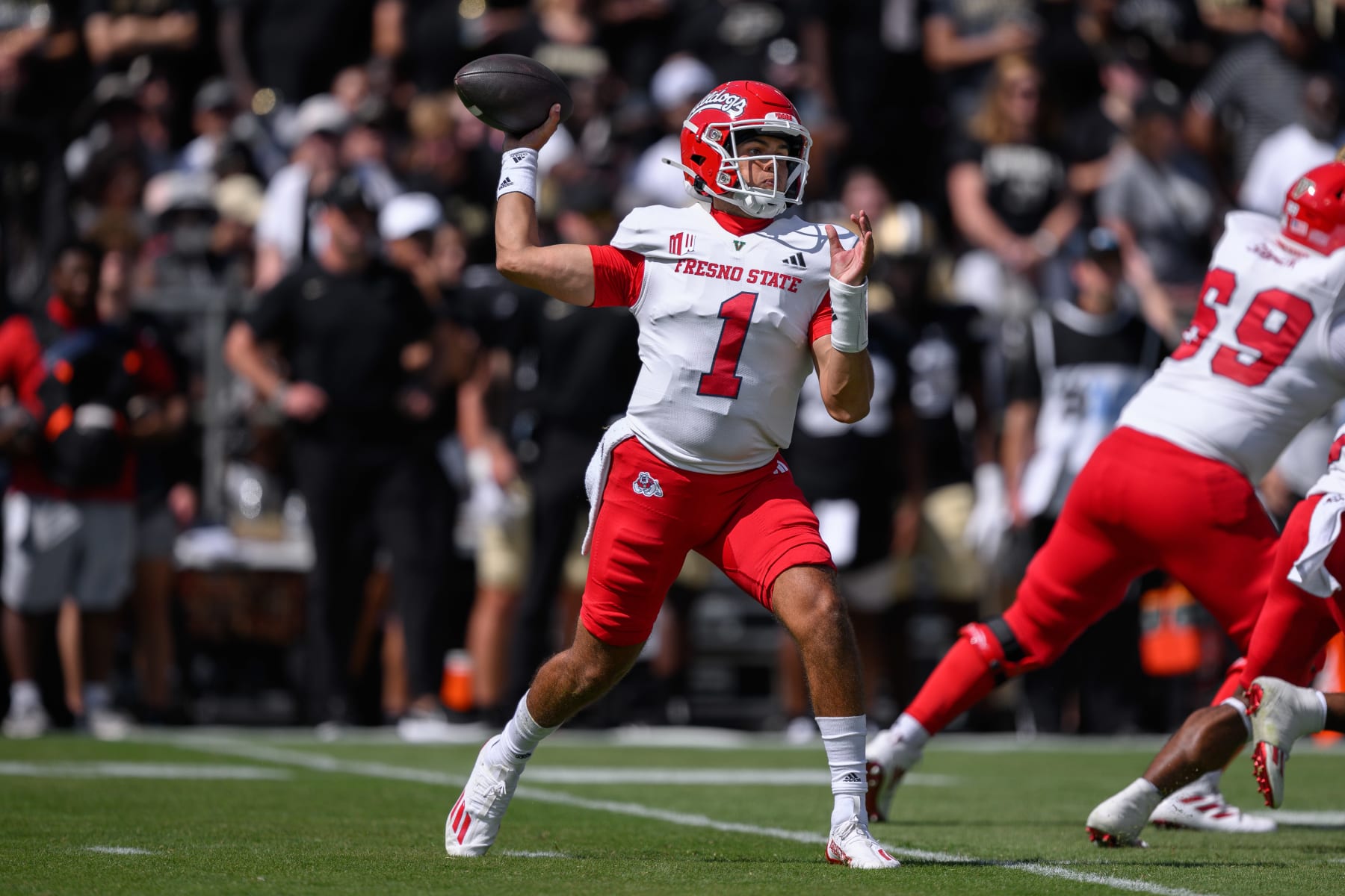 WEST LAFAYETTE, IN - SEPTEMBER 02: Fresno State Bulldogs quarterback Mikey Keene (1) drops back for a pass during the college football game between the Purdue Boilermakers and Fresno State Bulldogs on September 2, 2023, at Ross-Ade Stadium in West Lafayette, IN. (Photo by Zach Bolinger/Icon Sportswire via Getty Images)