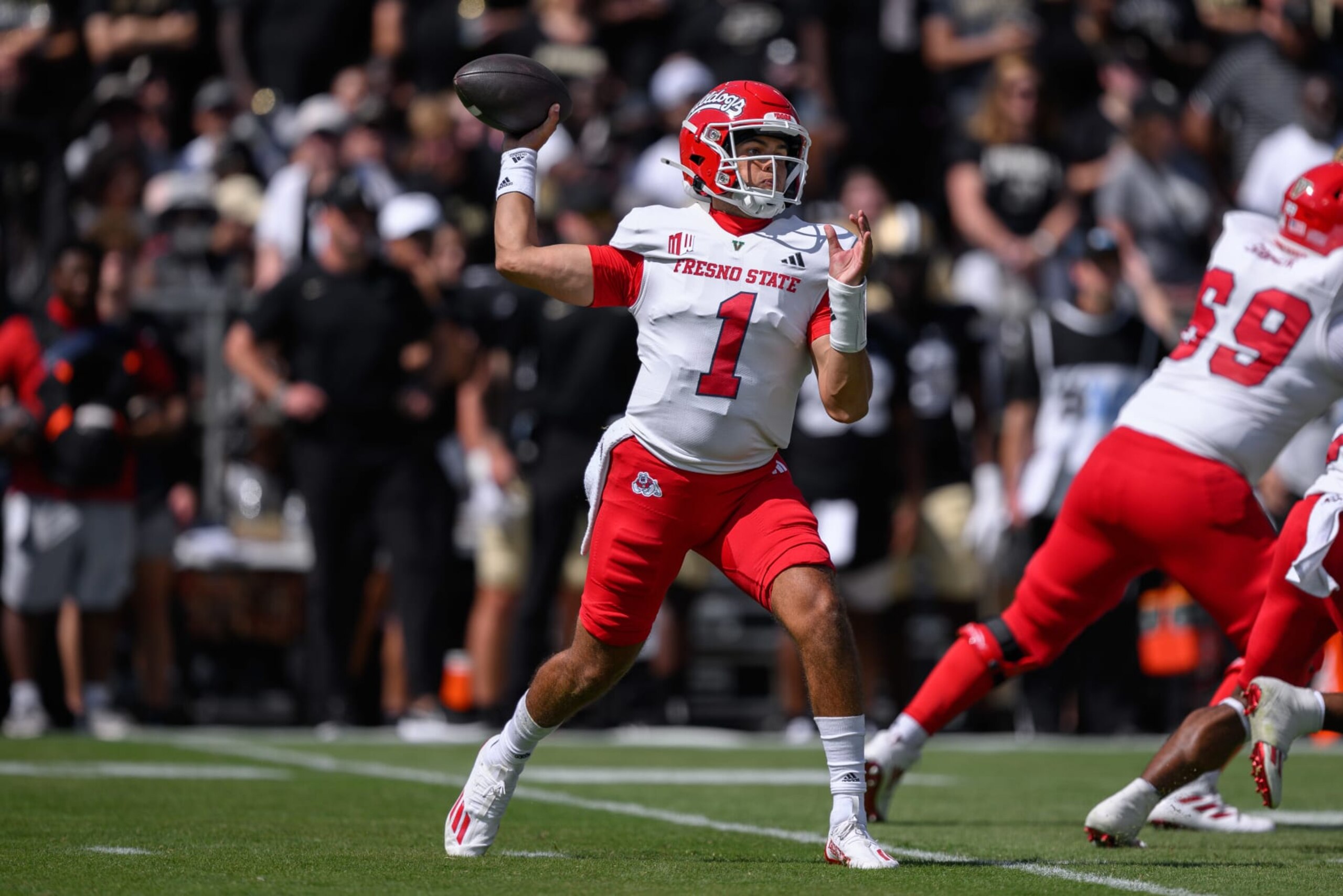 WEST LAFAYETTE, IN - SEPTEMBER 02: Fresno State Bulldogs quarterback Mikey Keene (1) drops back for a pass during the college football game between the Purdue Boilermakers and Fresno State Bulldogs on September 2, 2023, at Ross-Ade Stadium in West Lafayette, IN. (Photo by Zach Bolinger/Icon Sportswire via Getty Images)