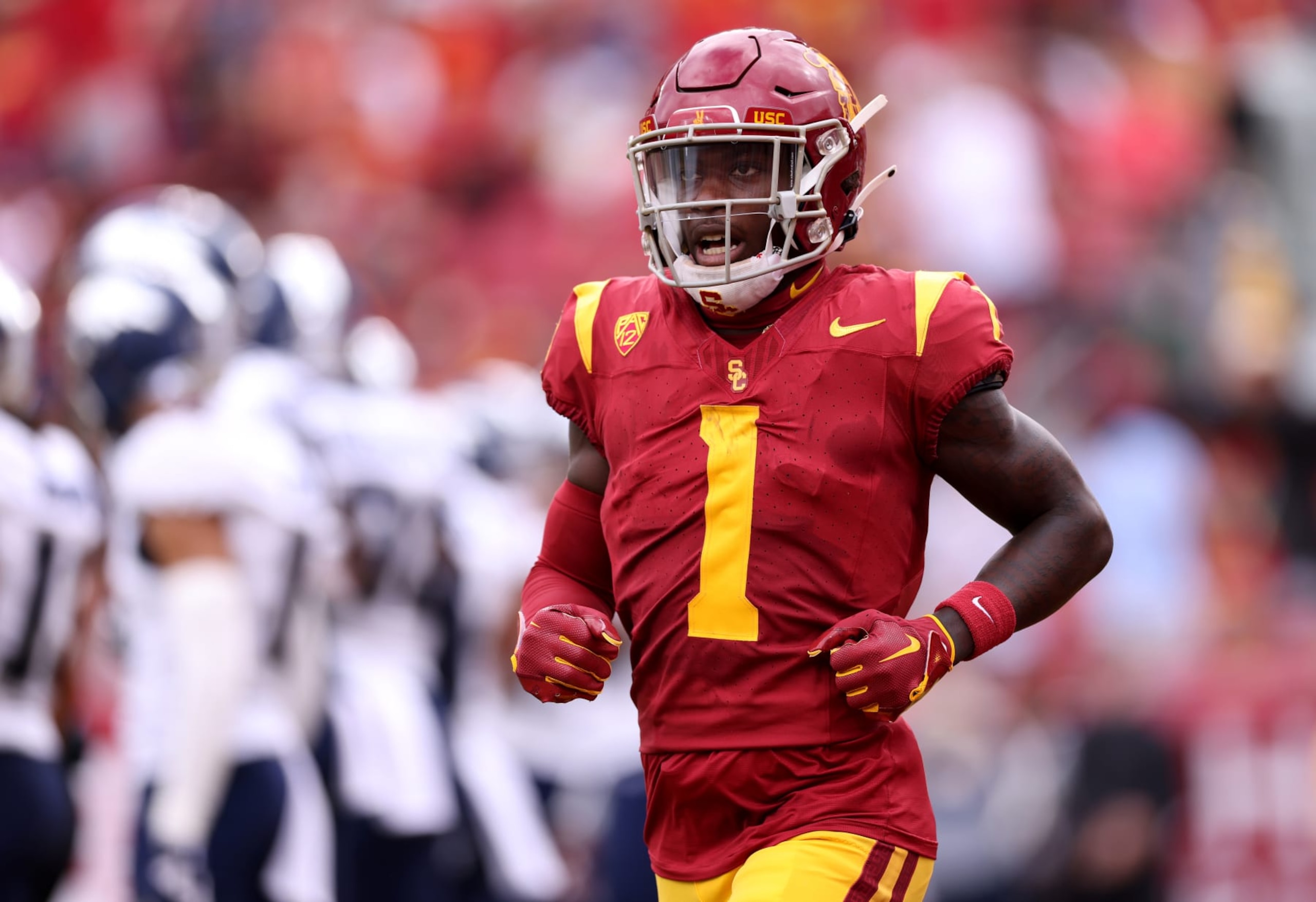 LOS ANGELES, CALIFORNIA - SEPTEMBER 02: Zachariah Branch #1 of the USC Trojans looks on after scoring a touchdown during the first quarter against the Nevada Wolf Pack at United Airlines Field at the Los Angeles Memorial Coliseum on September 02, 2023 in Los Angeles, California. (Photo by Katelyn Mulcahy/Getty Images)