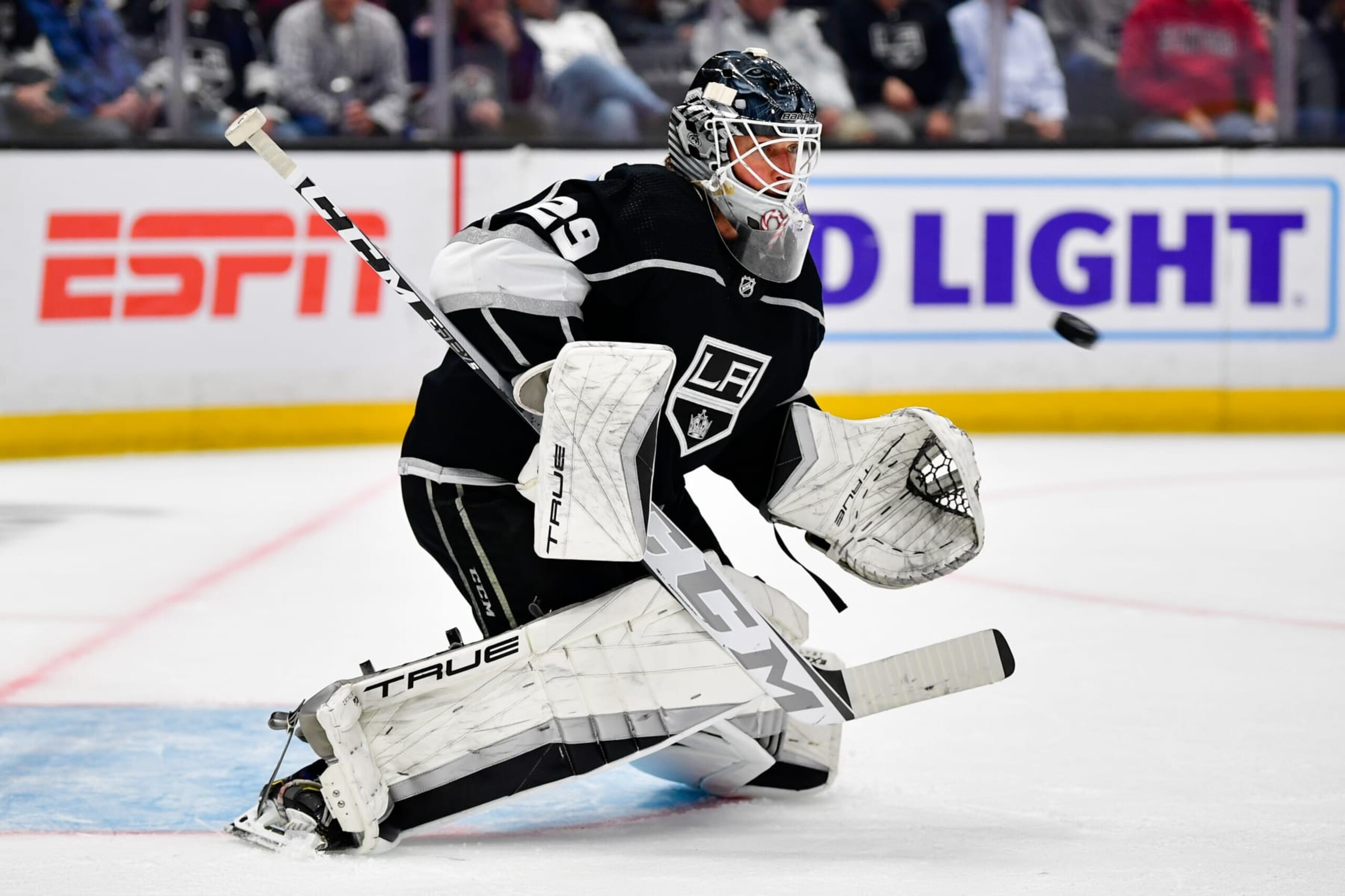 LOS ANGELES, CA - APRIL 4: Pheonix Copley #29 of the Los Angeles Kings protects the goal during the second period against the Edmonton Oilers at Crypto.com Arena on April 4, 2023 in Los Angeles, California. (Photo by Gary A. Vasquez/NHLI via Getty Images) LOS ANGELES, CA - APRIL 4: Pheonix Copley #29 of the Los Angeles Kings protects the goal during the second period against the Edmonton Oilers at Crypto.com Arena on April 4, 2023 in Los Angeles, California. (Photo by Gary A. Vasquez/NHLI via Getty Images)