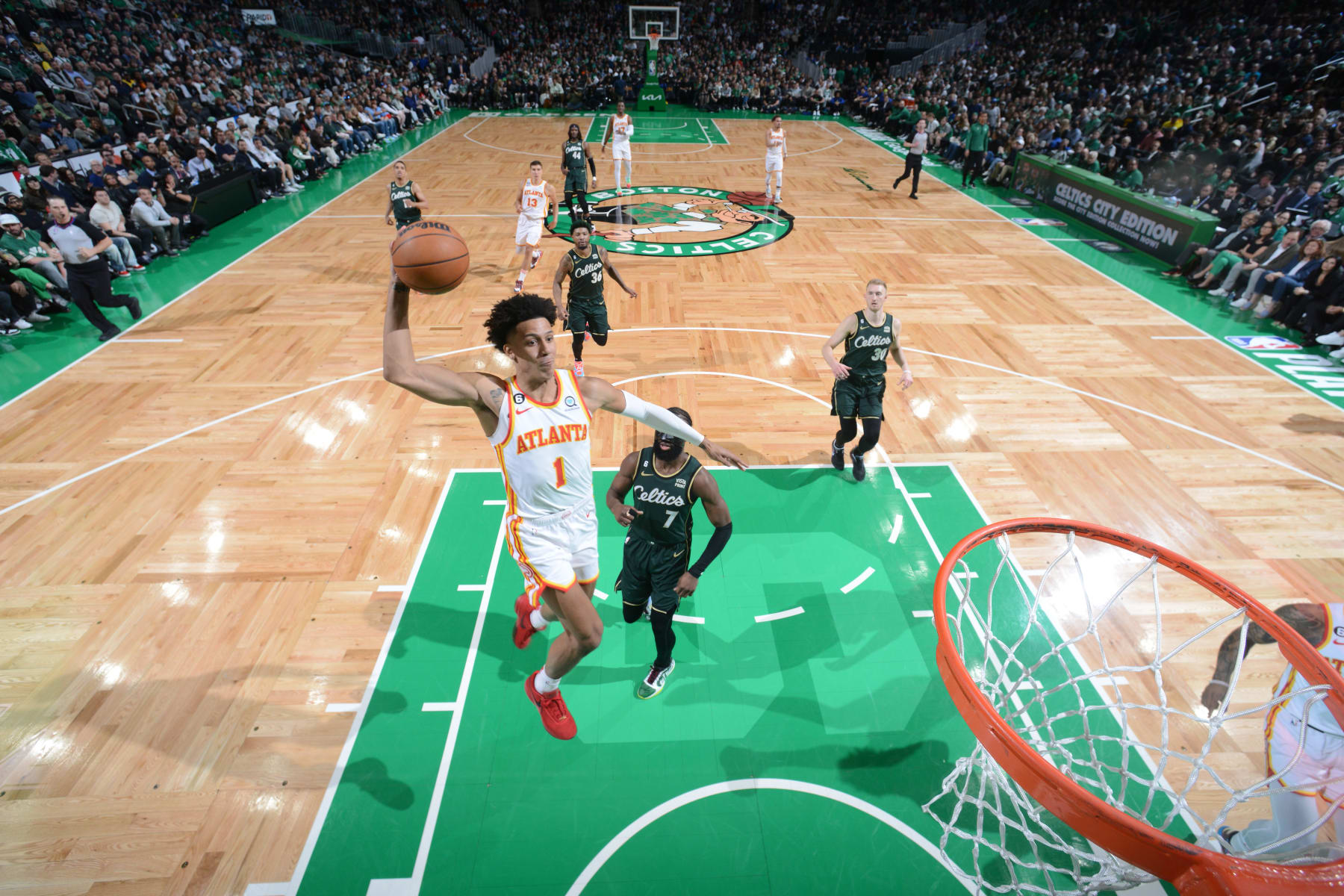 BOSTON, MA - APRIL 15: Jalen Johnson #1 of the Atlanta Hawks drives to the basket during Round One Game One of the 2023 NBA Playoffs against the Boston Celtics on April 15, 2023 at the TD Garden in Boston, Massachusetts. NOTE TO USER: User expressly acknowledges and agrees that, by downloading and or using this photograph, User is consenting to the terms and conditions of the Getty Images License Agreement. Mandatory Copyright Notice: Copyright 2023 NBAE  (Photo by Brian Babineau/NBAE via Getty Images)
