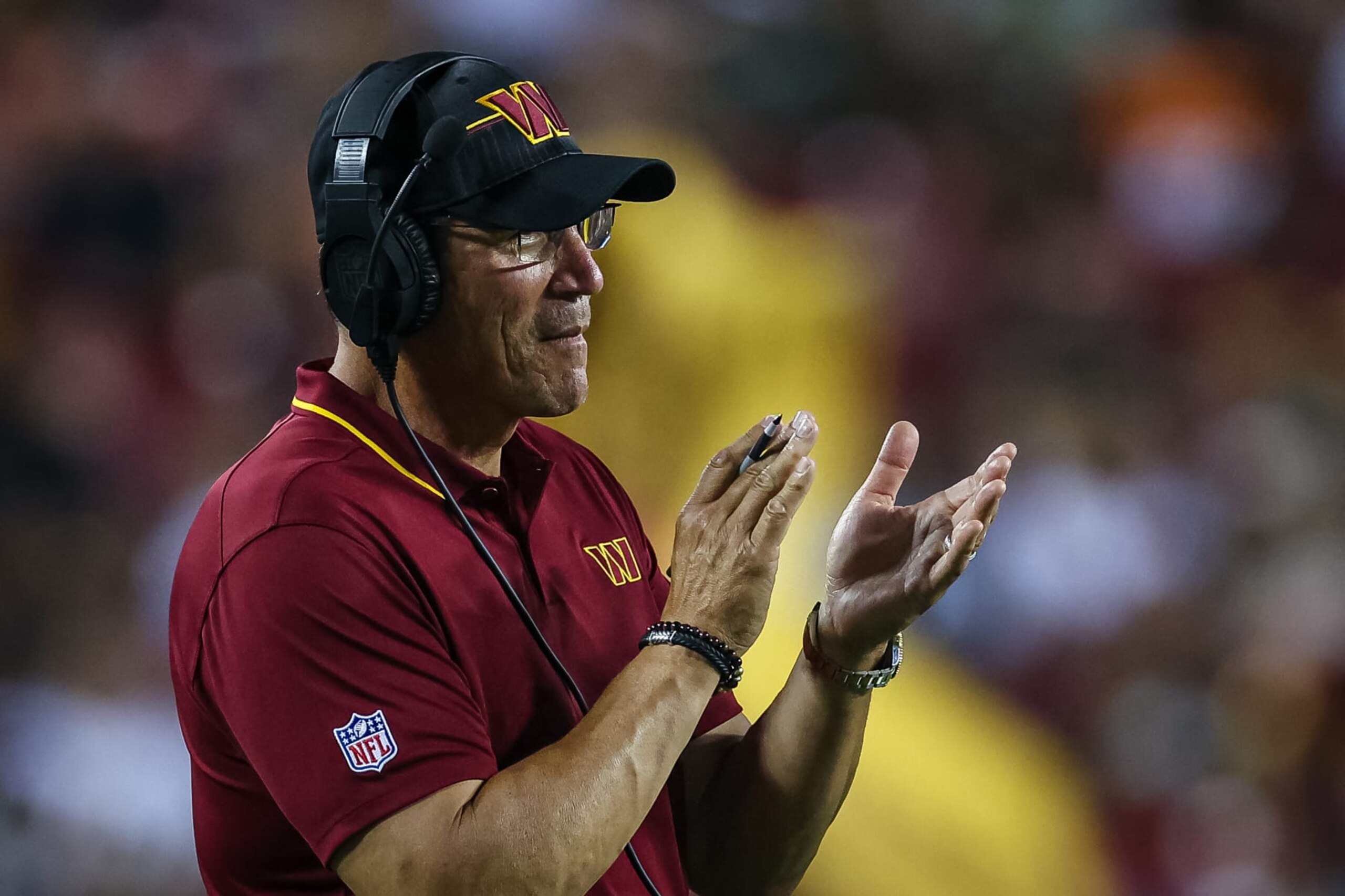 LANDOVER, MD - AUGUST 21: Head Coach Ron Rivera of the Washington Commanders reacts to a play during the first half of the preseason game against the Baltimore Ravens at FedExField on August 21, 2023 in Landover, Maryland. (Photo by Scott Taetsch/Getty Images)