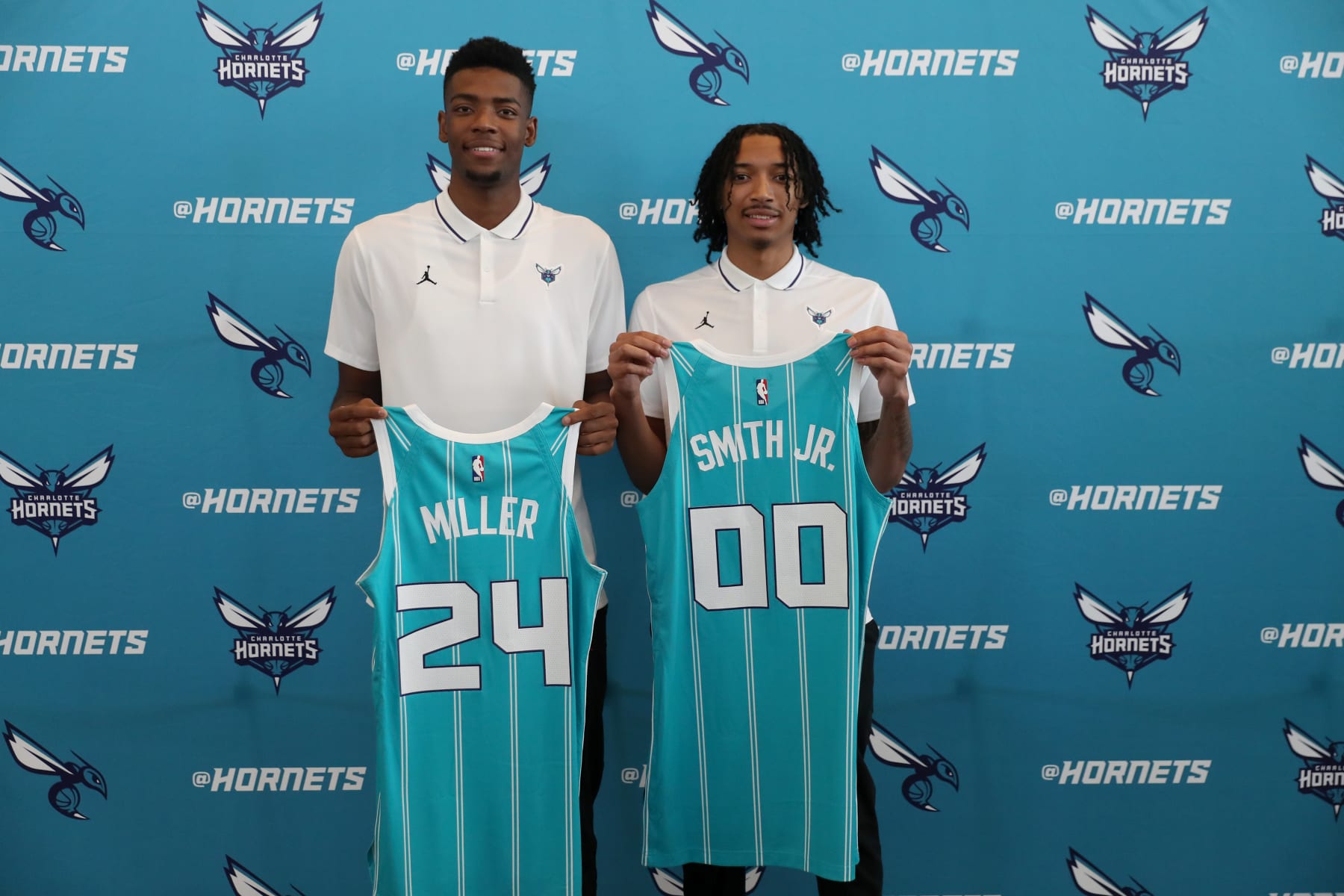 CHARLOTTE, NC - JUNE 23: Brandon Miller and Nick Smith Jr. of the Charlotte Hornets pose for a portrait on June 23, 2023 at Spectrum Center in Charlotte, North Carolina. NOTE TO USER: User expressly acknowledges and agrees that, by downloading and or using this photograph, User is consenting to the terms and conditions of the Getty Images License Agreement. Mandatory Copyright Notice: Copyright 2023 NBAE (Photo by Kent Smith/NBAE via Getty Images)