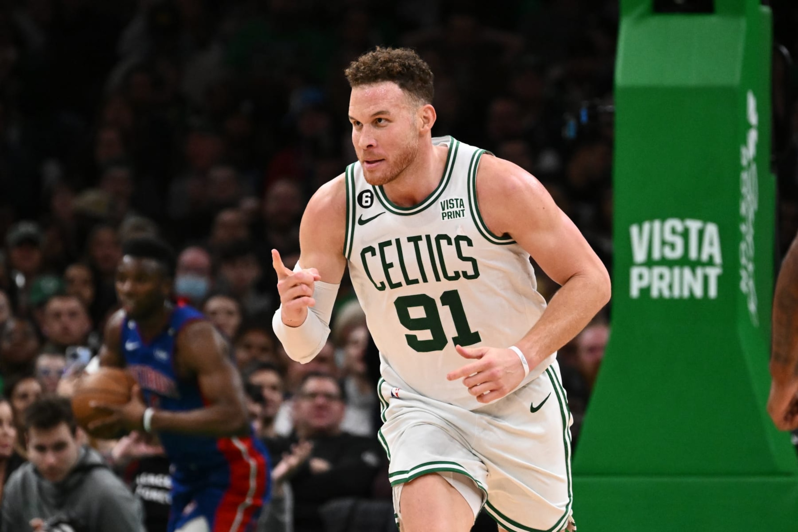 BOSTON, MASSACHUSETTS - FEBRUARY 15: Blake Griffin #91 of the Boston Celtics reacts after scoring against the Detroit Pistons during the fourth quarter at the TD Garden on February 15, 2023 in Boston, Massachusetts. NOTE TO USER: User expressly acknowledges and agrees that, by downloading and or using this photograph, User is consenting to the terms and conditions of the Getty Images License Agreement. (Photo by Brian Fluharty/Getty Images)