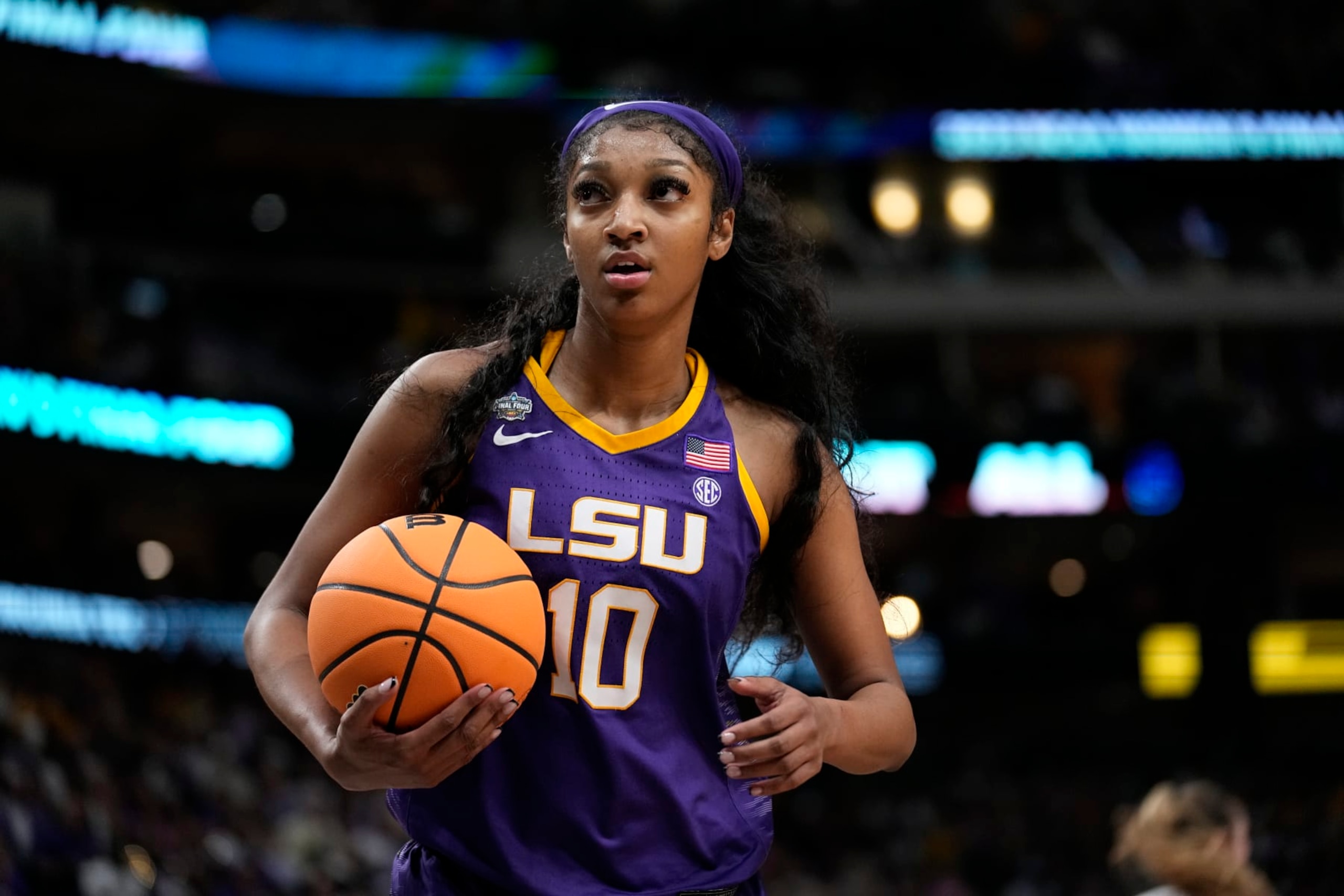 LSU's Angel Reese during an NCAA Women's Final Four semifinals basketball game against Virginia Tech Friday, March 31, 2023, in Dallas. (AP Photo/Darron Cummings)