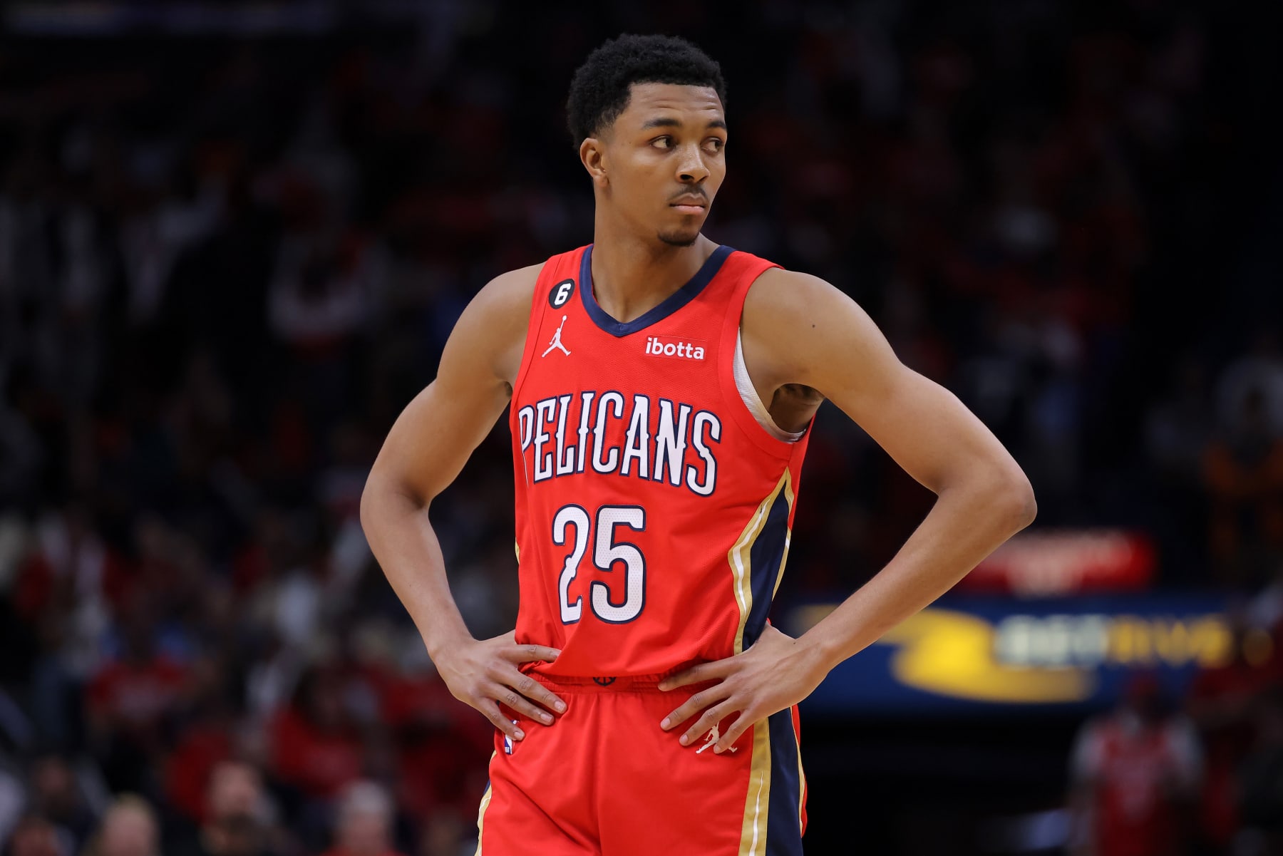 NEW ORLEANS, LOUISIANA - APRIL 12: Trey Murphy III #25 of the New Orleans Pelicans reacts against the Oklahoma City Thunder during a game at the Smoothie King Center on April 12, 2023 in New Orleans, Louisiana. NOTE TO USER: User expressly acknowledges and agrees that, by downloading and or using this Photograph, user is consenting to the terms and conditions of the Getty Images License Agreement. (Photo by Jonathan Bachman/Getty Images)
