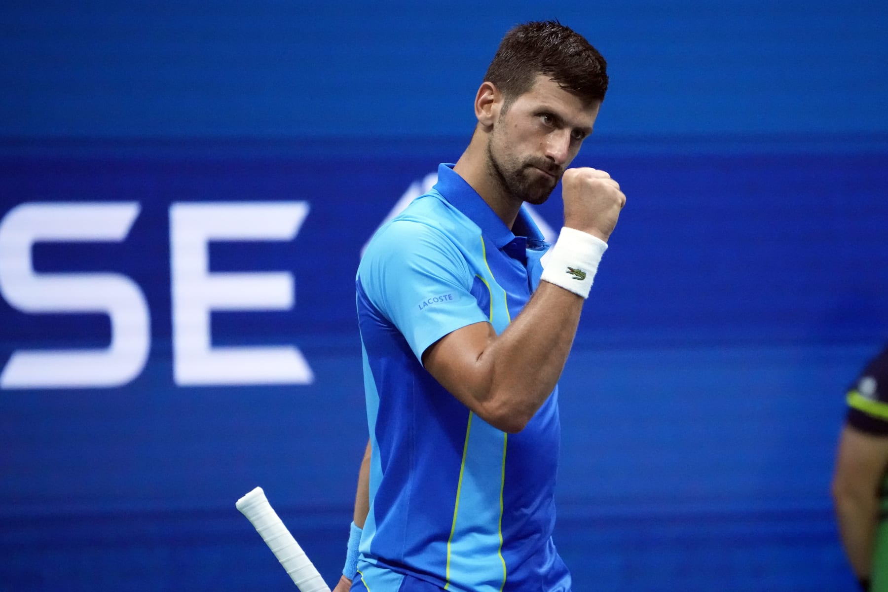 Novak Djokovic, of Serbia, celebrates as he plays Borna Gojo, of Croatia, during the fourth round of the U.S. Open tennis championships, Sunday, Sept. 3, 2023, in New York. (AP Photo/John Minchillo)