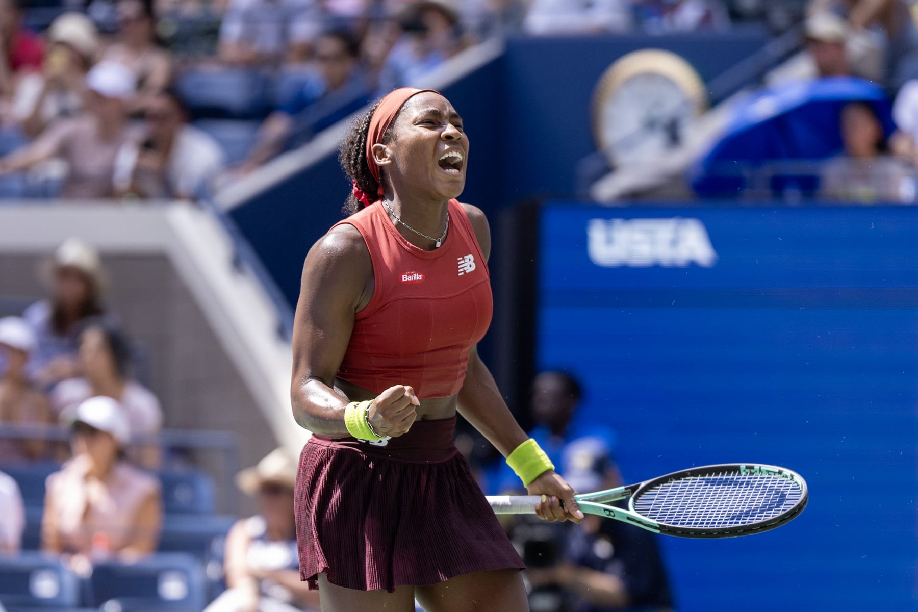NEW YORK, USA:  September 5:  Coco Gauff of the United States celebrates her victory against Jelena Ostapenko of Latvia in the Women's Singles Quarter-Finals match on Arthur Ashe Stadium during the US Open Tennis Championship 2023 at the USTA National Tennis Centre on September 5th, 2023 in Flushing, Queens, New York City.  (Photo by Tim Clayton/Corbis via Getty Images)