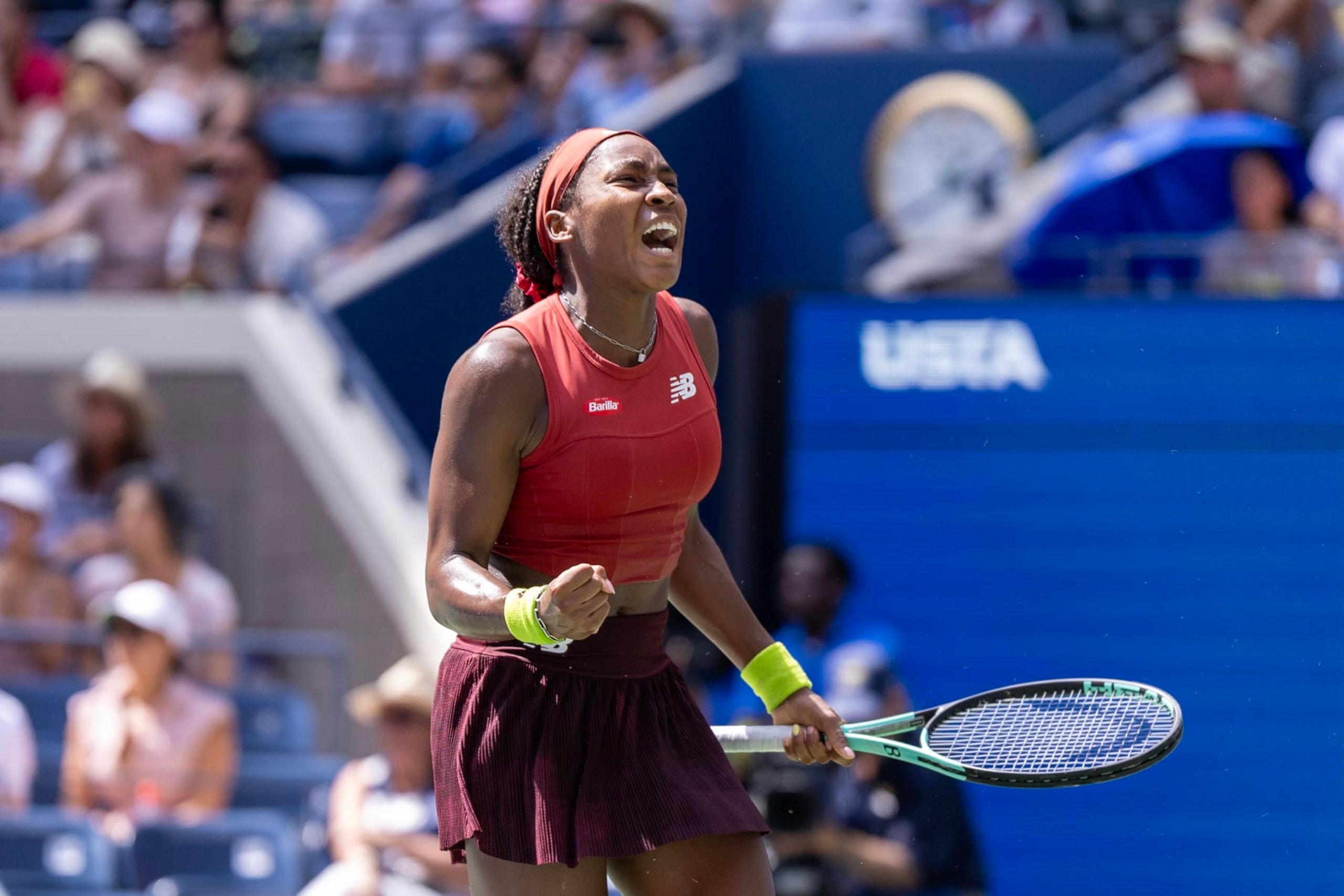 NEW YORK, USA: September 5: Coco Gauff of the United States celebrates her victory against Jelena Ostapenko of Latvia in the Women's Singles Quarter-Finals match on Arthur Ashe Stadium during the US Open Tennis Championship 2023 at the USTA National Tennis Centre on September 5th, 2023 in Flushing, Queens, New York City. (Photo by Tim Clayton/Corbis via Getty Images) NEW YORK, USA: September 5: Coco Gauff of the United States celebrates her victory against Jelena Ostapenko of Latvia in the Women's Singles Quarter-Finals match on Arthur Ashe Stadium during the US Open Tennis Championship 2023 at the USTA National Tennis Centre on September 5th, 2023 in Flushing, Queens, New York City. (Photo by Tim Clayton/Corbis via Getty Images)