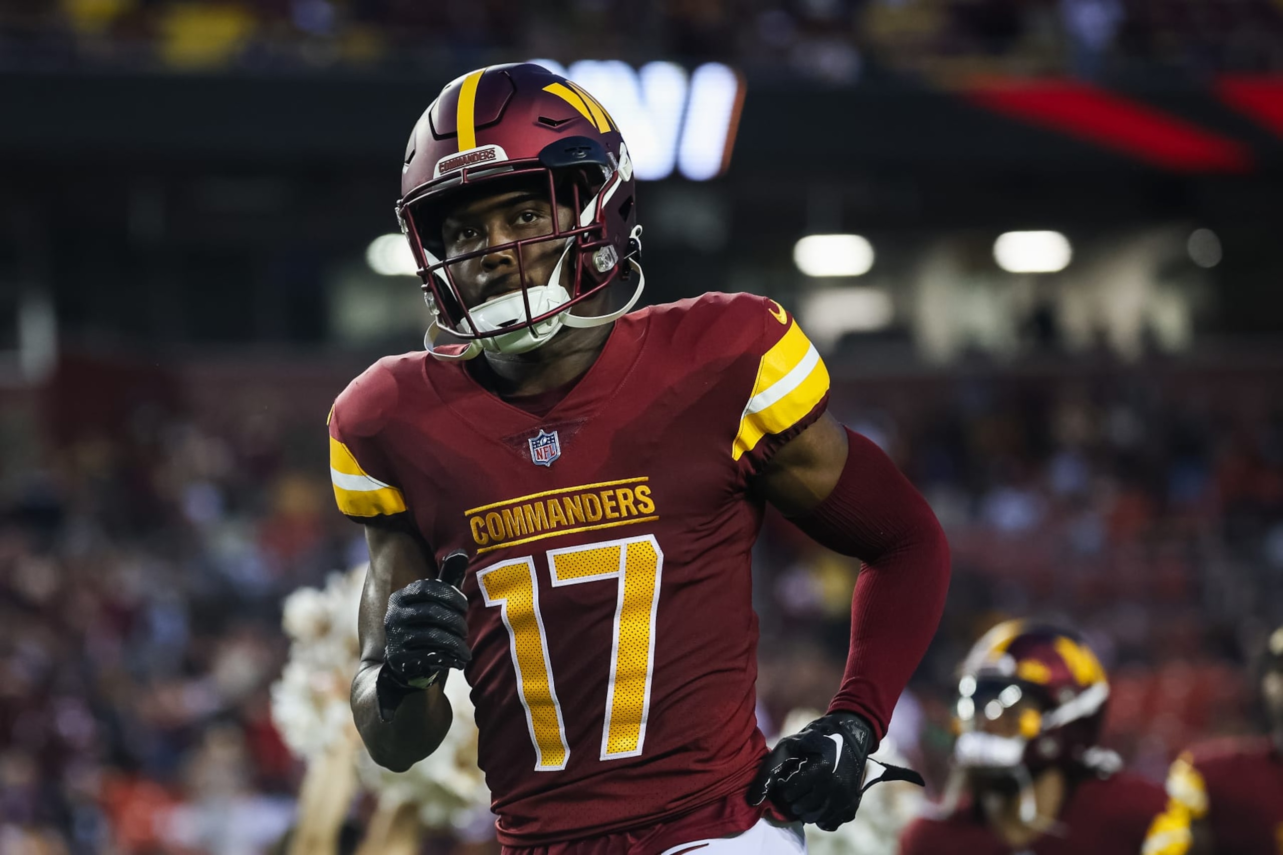 LANDOVER, MD - AUGUST 21: Terry McLaurin #17 of the Washington Commanders takes the field before the preseason game against the Baltimore Ravens at FedExField on August 21, 2023 in Landover, Maryland. (Photo by Scott Taetsch/Getty Images)