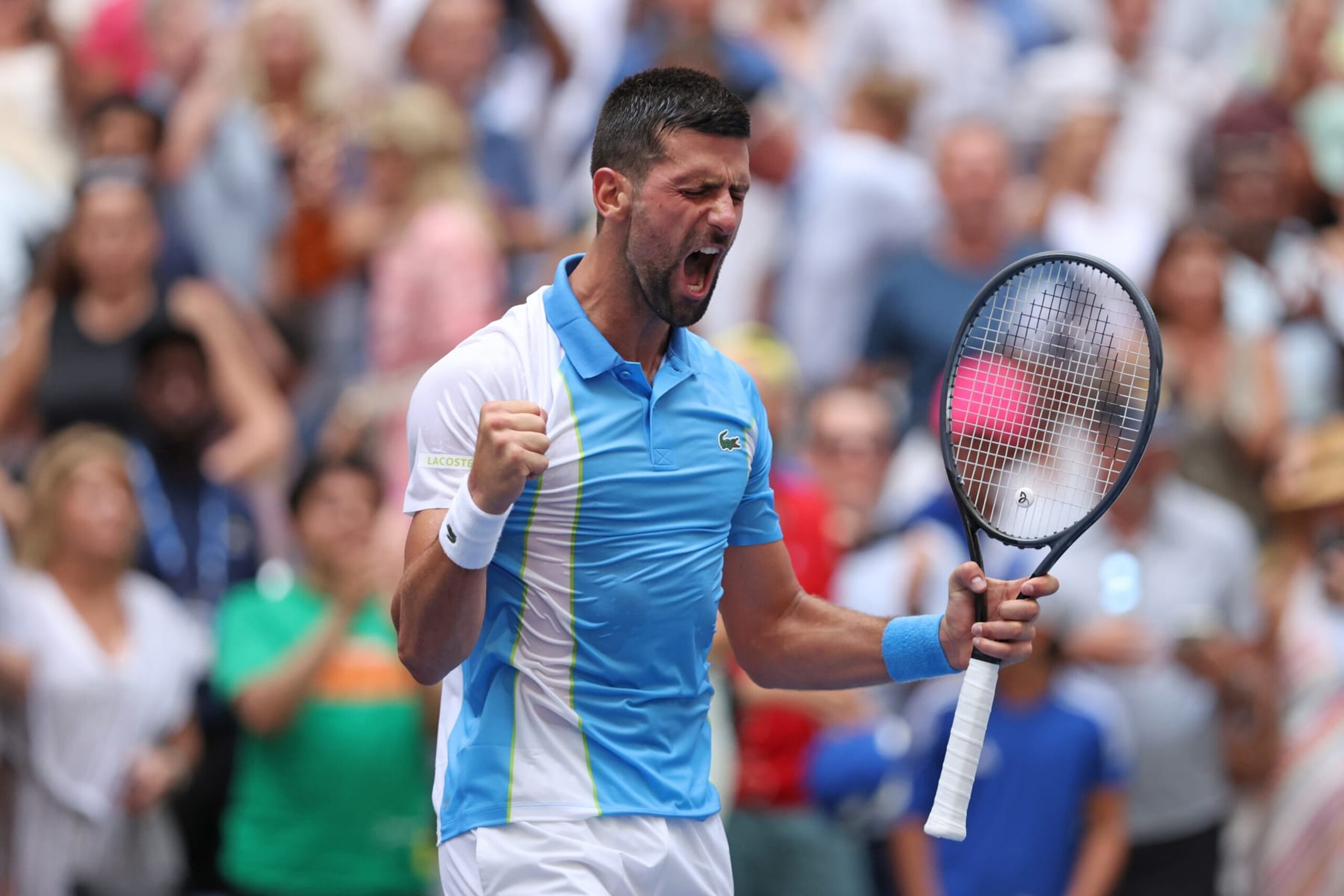 NEW YORK, NEW YORK - SEPTEMBER 05: Novak Djokovic of Serbia celebrates winning his Men's Singles Quarterfinal match against Taylor Fritz of the United States on Day Nine of the 2023 US Open at the USTA Billie Jean King National Tennis Center on September 05, 2023 in the Flushing neighborhood of the Queens borough of New York City. (Photo by Clive Brunskill/Getty Images)