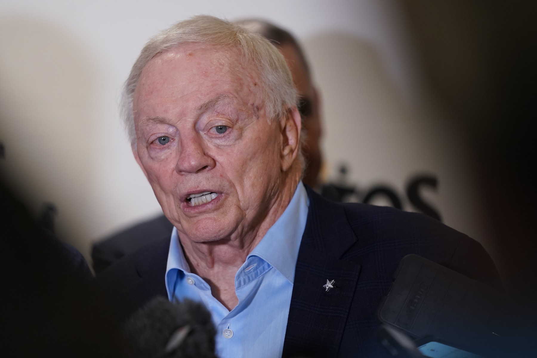 Dallas Cowboys team owner Jerry Jones responds to questions about the team's acquisition of quarterback Trey Lance during a news conference before a preseason NFL football game against the Las Vegas Raiders in Arlington, Texas, Saturday, Aug. 26, 2023. (AP Photo/Sam Hodde)