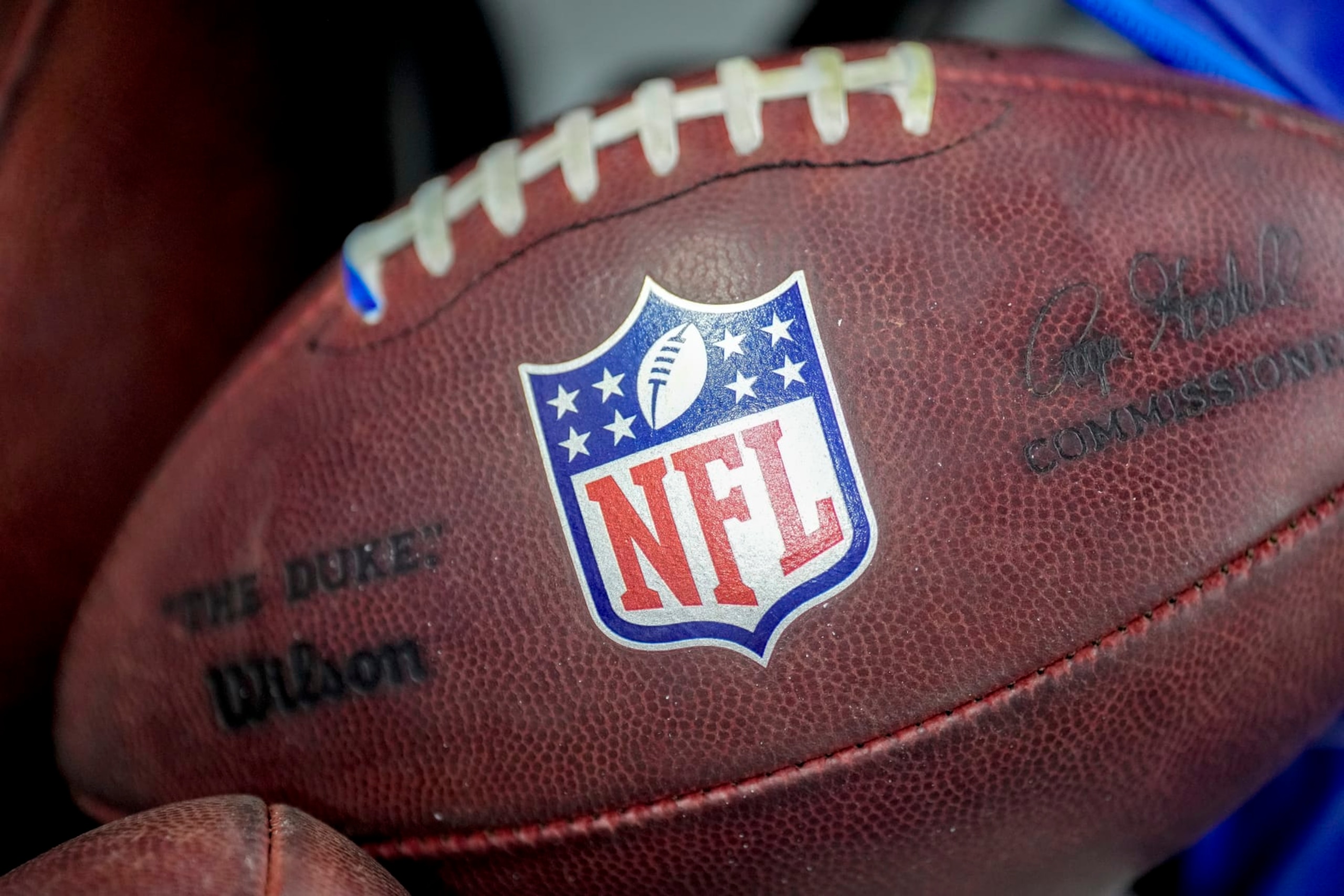 DETROIT, MICHIGAN - AUGUST 19: The NFL logo is pictured on a Wilson brand football during the preseason game between the Detroit Lions and Jacksonville Jaguars at Ford Field on August 19, 2023 in Detroit, Michigan. (Photo by Nic Antaya/Getty Images) DETROIT, MICHIGAN - AUGUST 19: The NFL logo is pictured on a Wilson brand football during the preseason game between the Detroit Lions and Jacksonville Jaguars at Ford Field on August 19, 2023 in Detroit, Michigan. (Photo by Nic Antaya/Getty Images)