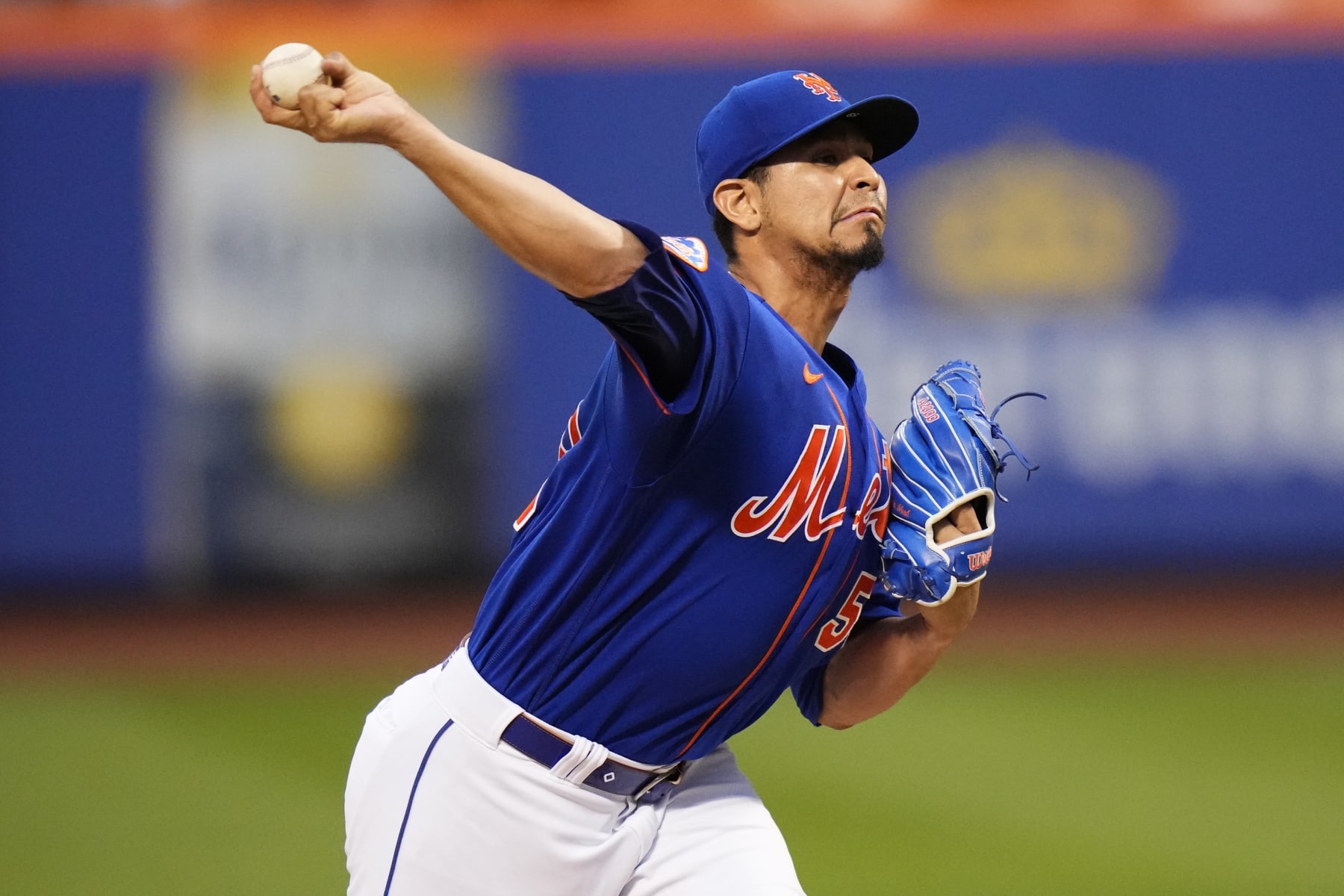 New York Mets' Carlos Carrasco pitches during the first inning of a baseball game against the Pittsburgh Pirates Monday, Aug. 14, 2023, in New York. (AP Photo/Frank Franklin II)