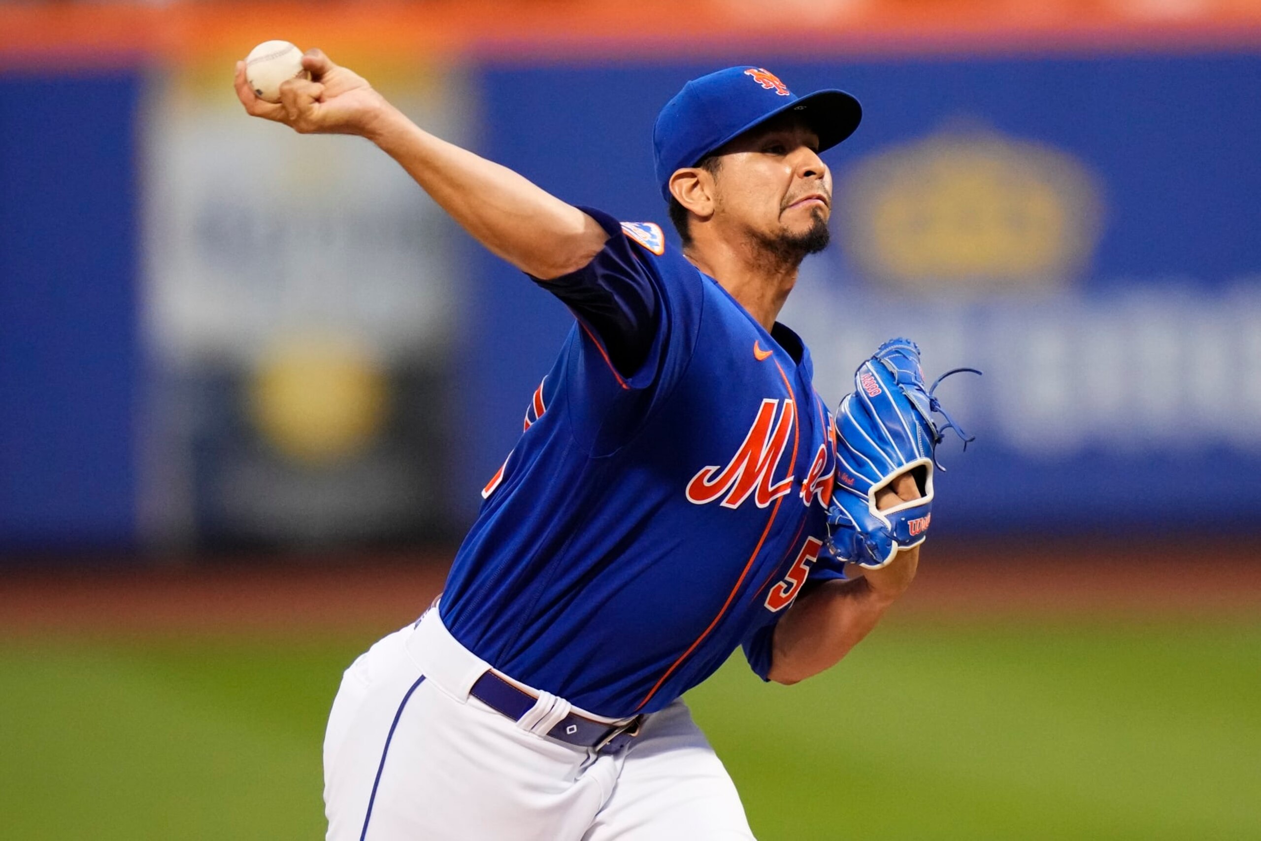 New York Mets' Carlos Carrasco pitches during the first inning of a baseball game against the Pittsburgh Pirates Monday, Aug. 14, 2023, in New York. (AP Photo/Frank Franklin II)